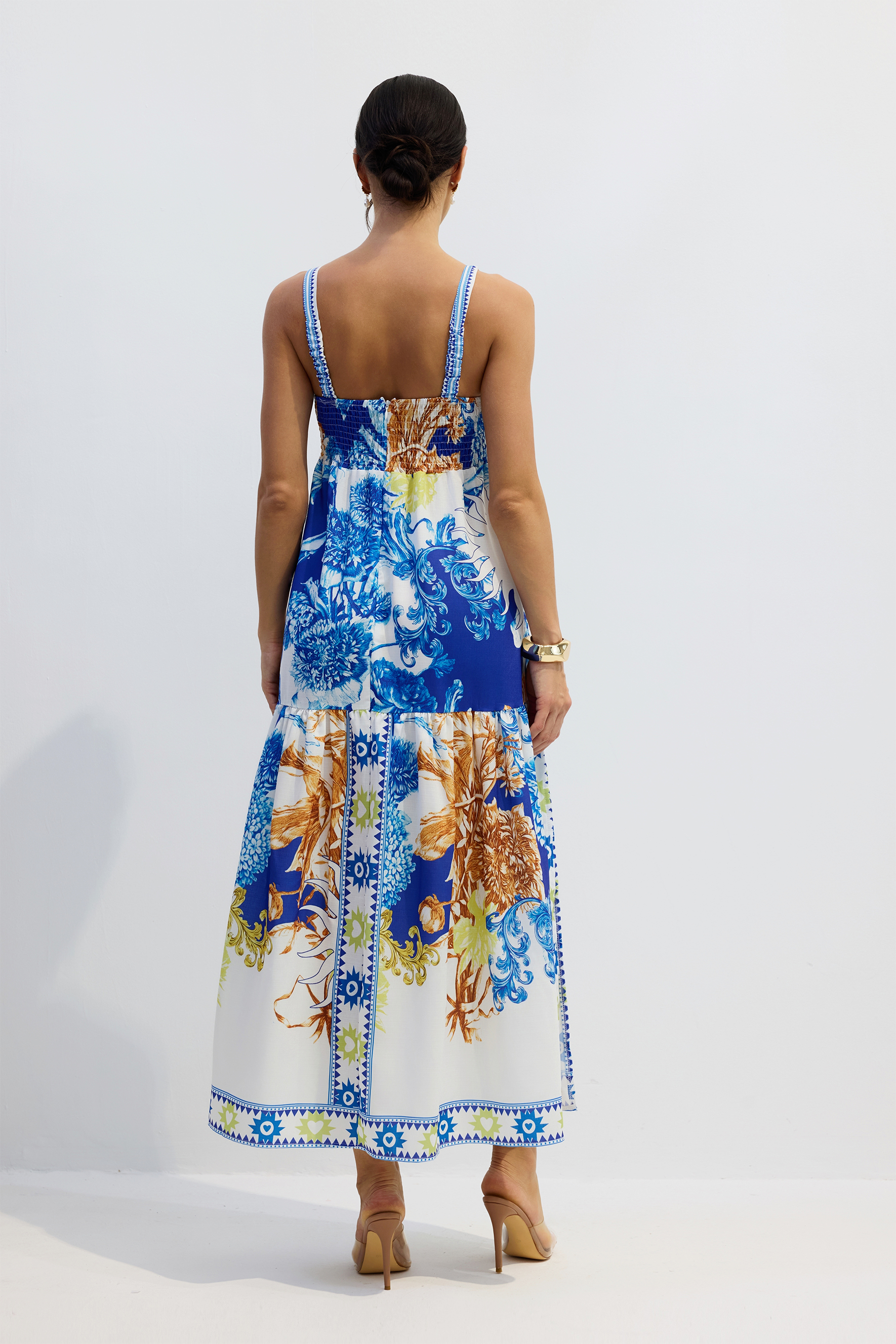 Nessia Floral Print Shirred Maxi Dress