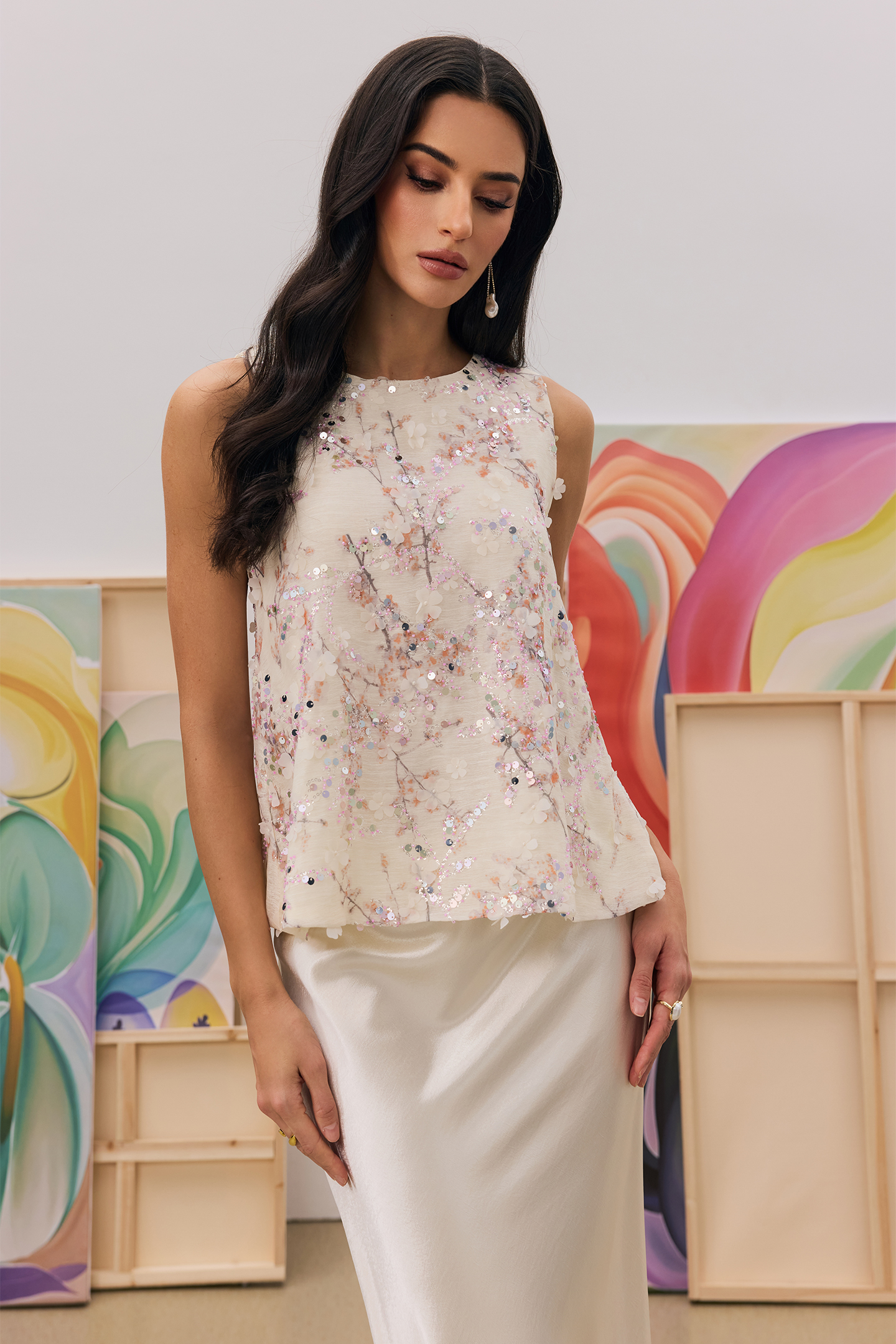 Angelica Floral Embroidery Sequin Sleeveless Vest
