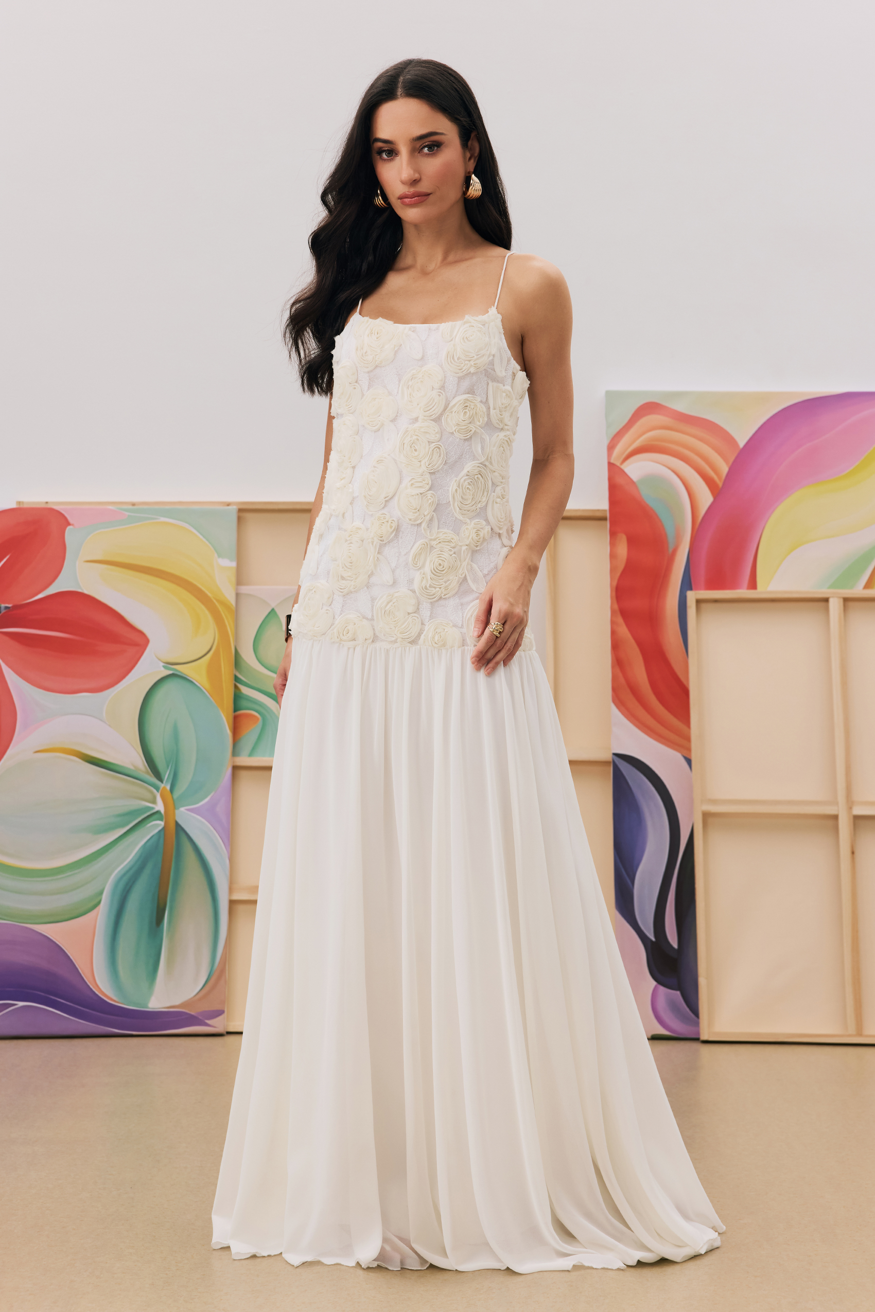 Andrea Floral Applique Pleated Chiffon Maxi Dress