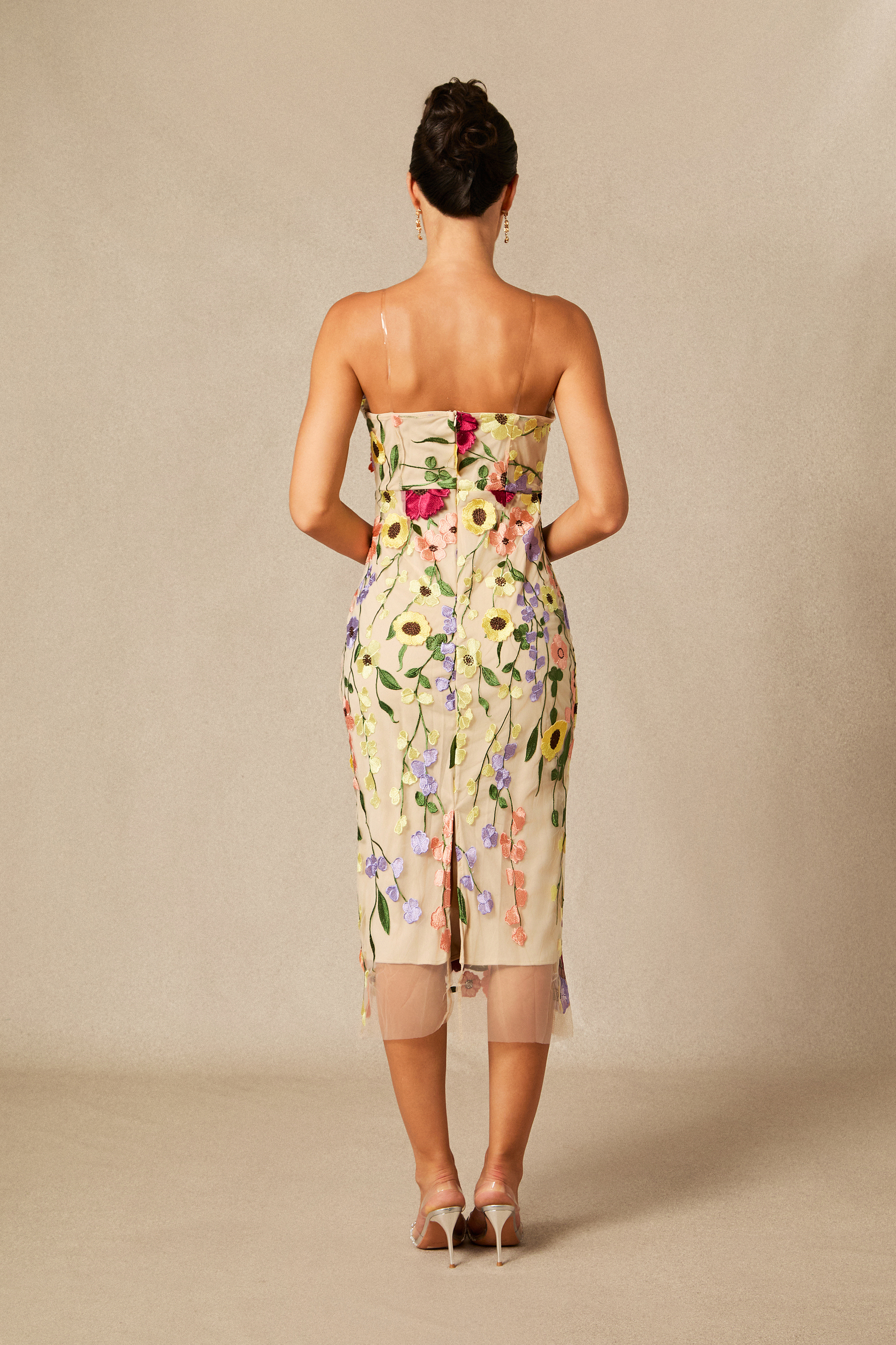 Belle Embroidered Floral Strapless Midi Dress