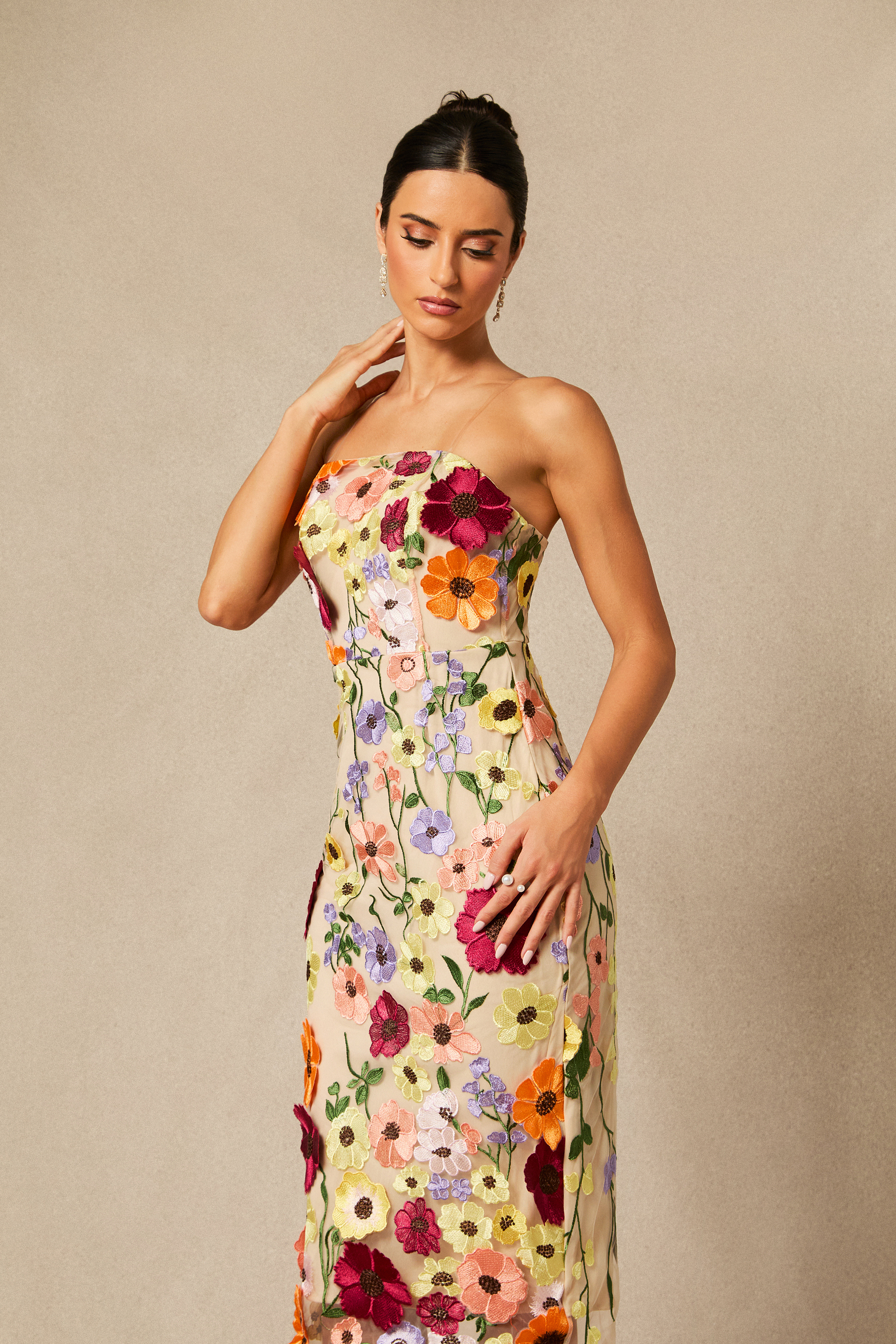 Belle Embroidered Floral Strapless Midi Dress