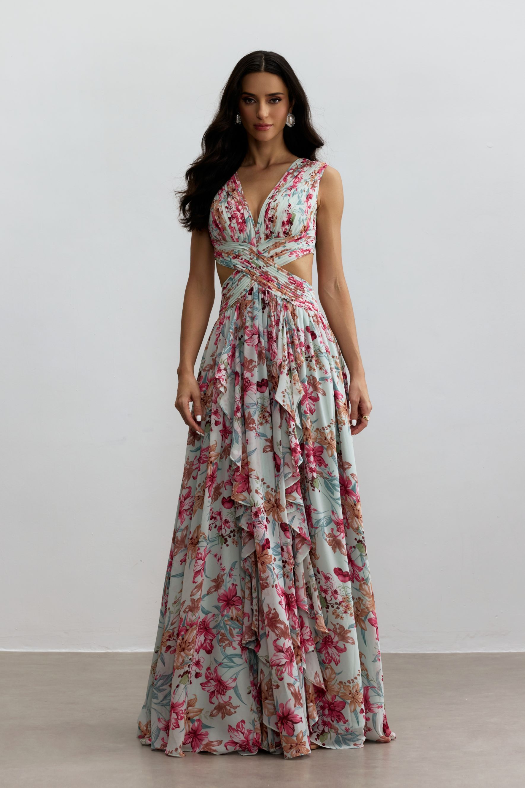 Anila Printed Pleated Ruffle Maxi Dress