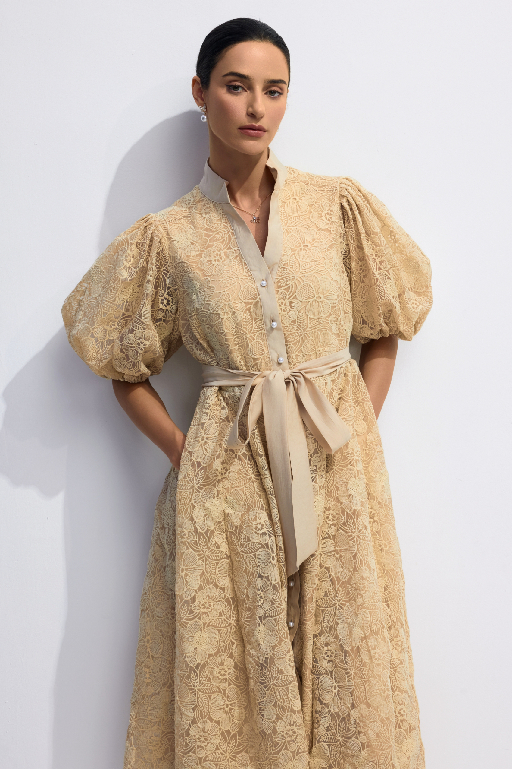 Diana Floral Embroidered Lace Belted Midi Dress