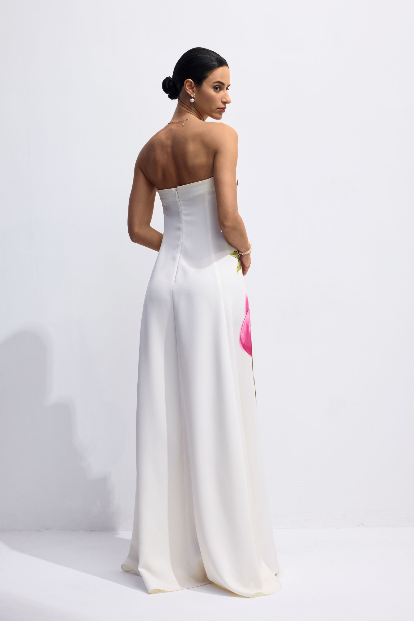 Dorothy Floral Print Strapless Satin Maxi Dress