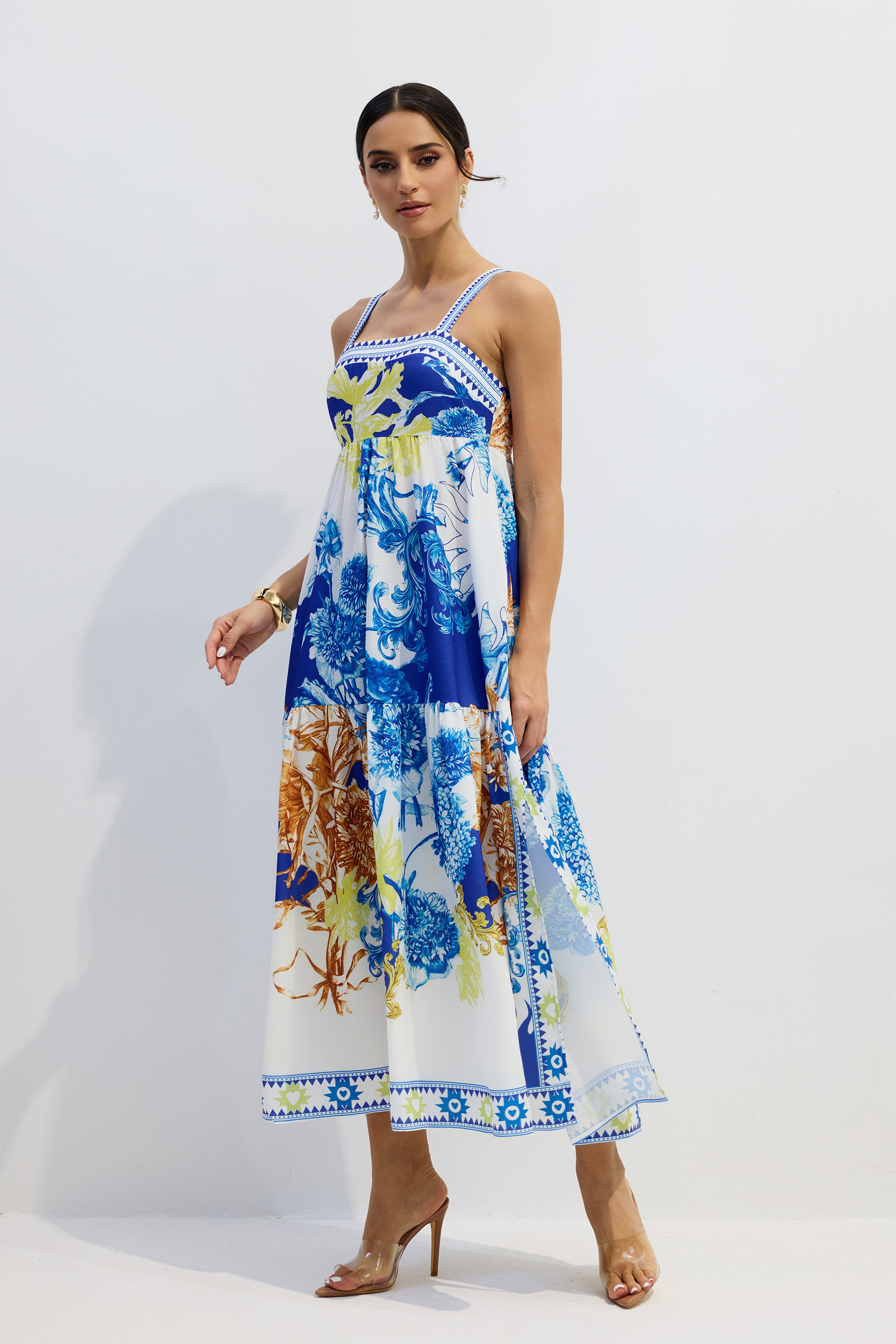 Nessia Floral Print Shirred Maxi Dress