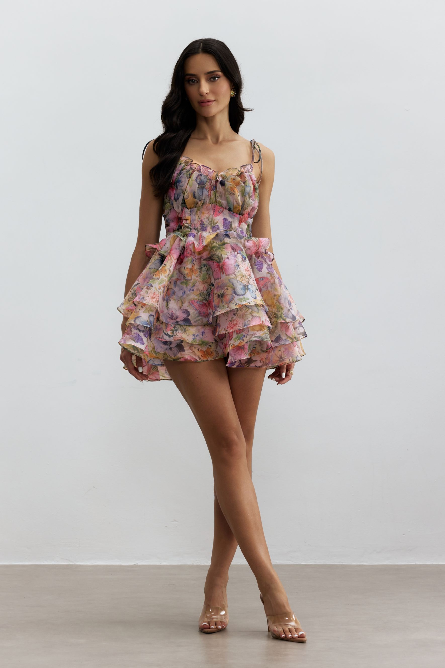 Vita Butterfly Print Ruffle Layered Mini Dress