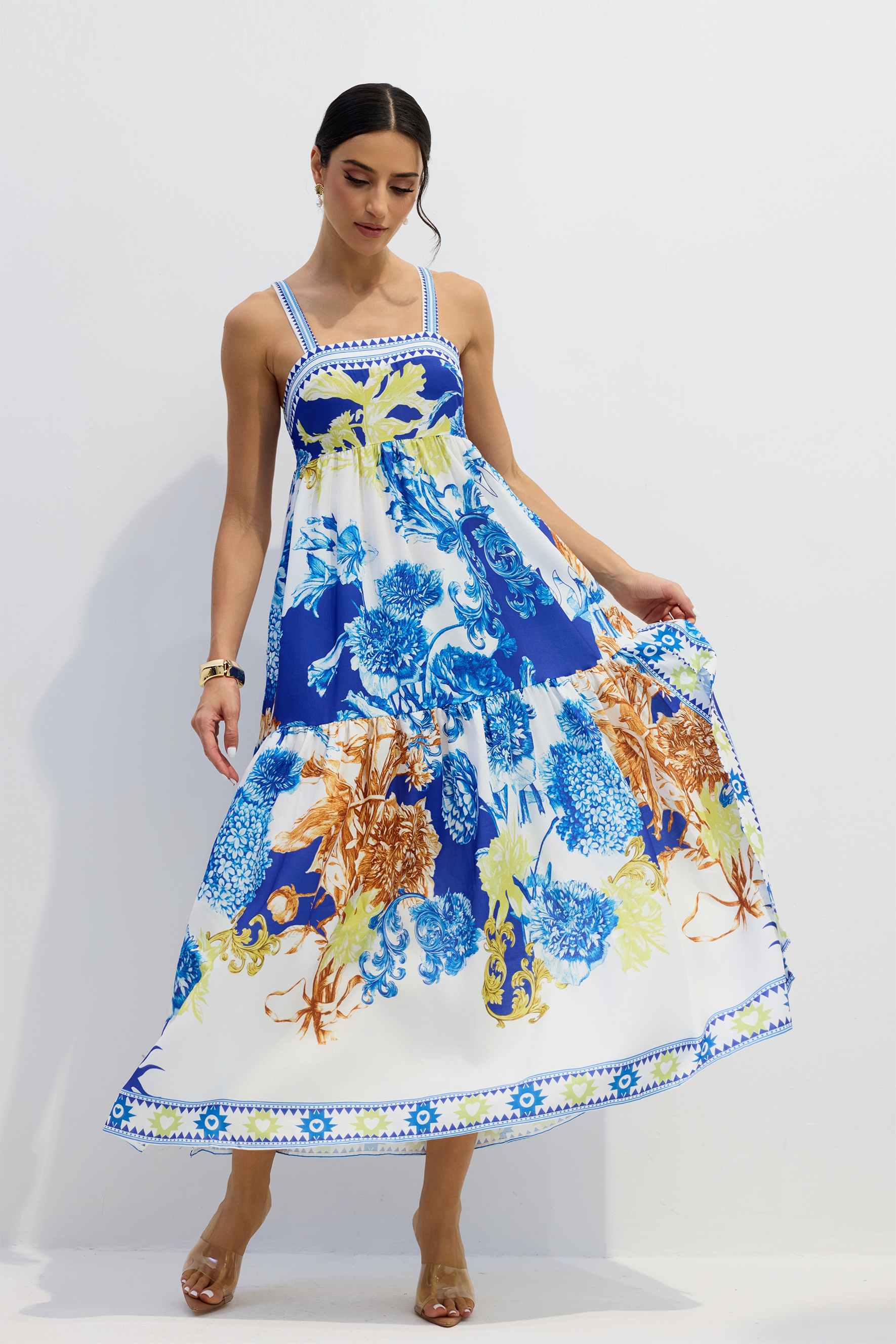 Nessia Floral Print Shirred Maxi Dress