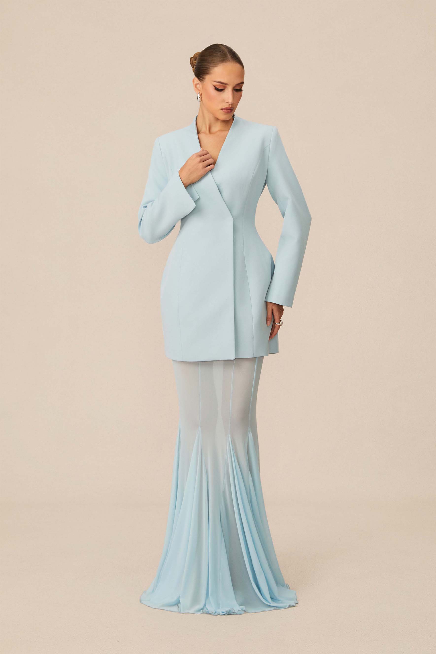 Myra Asymmetric Tailored Blazer & Sheer Mesh Skirt Set