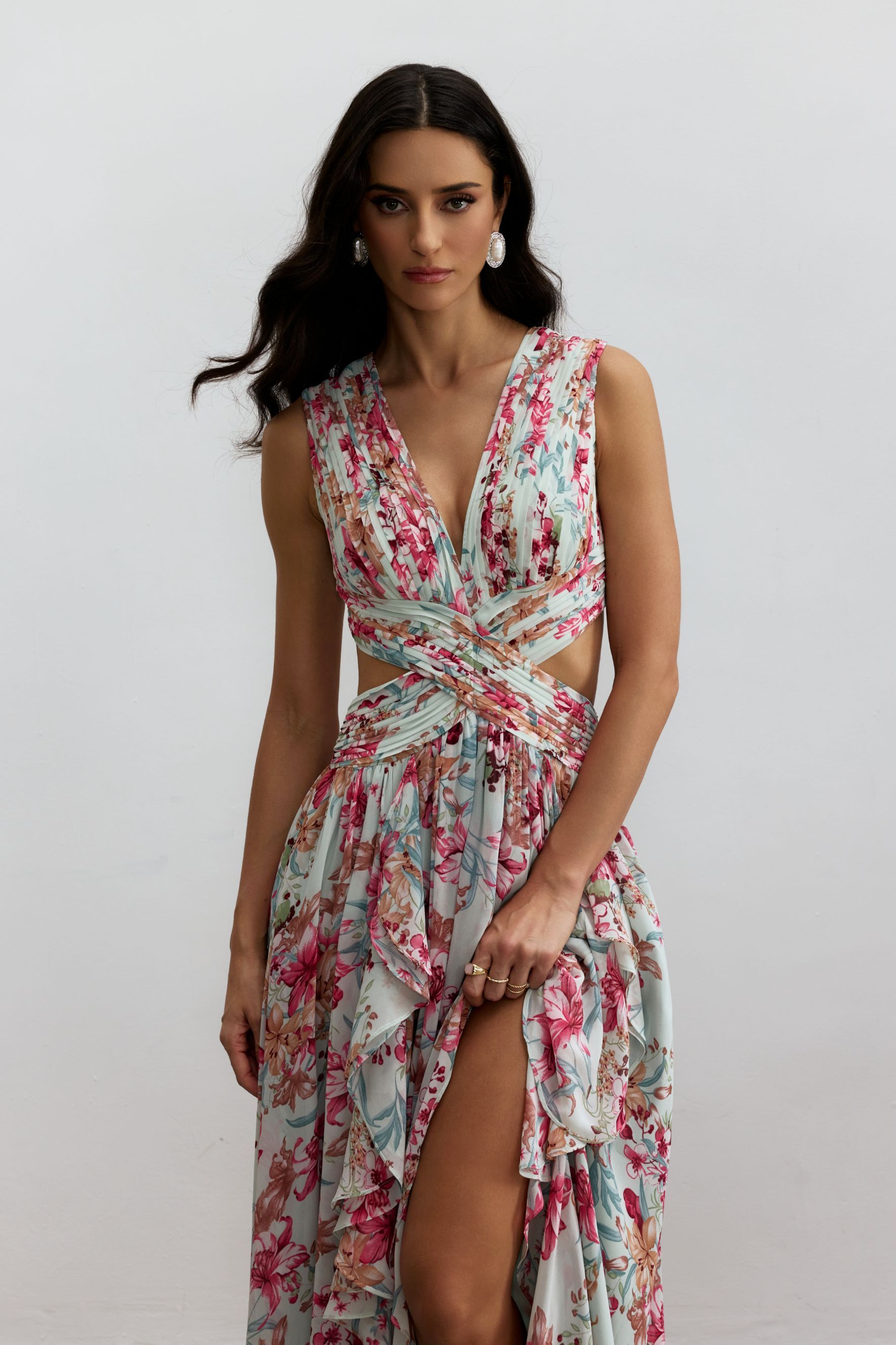 Anila Printed Pleated Ruffle Maxi Dress