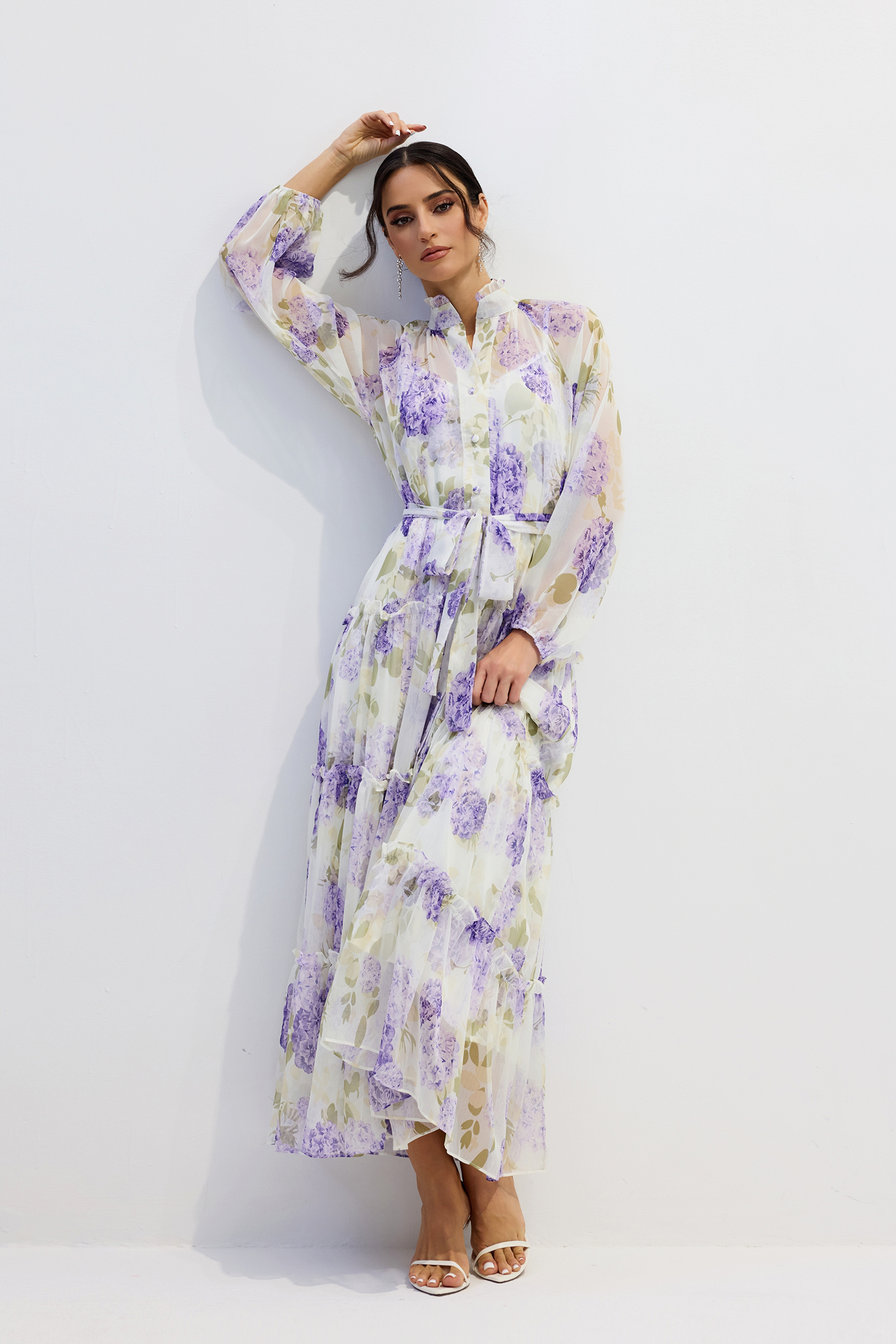 Helena Floral Print Long Sleeve Chiffon Maxi Dress