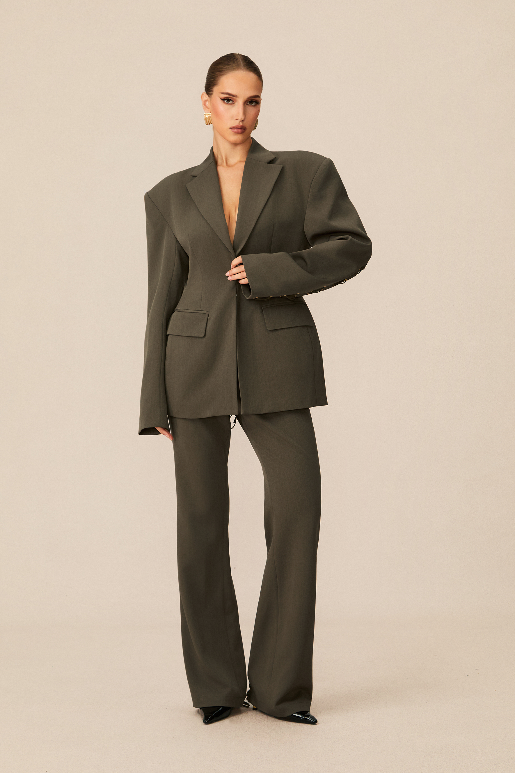 Joanna Lace Up Wide Shoulder Blazer & Trousers Set