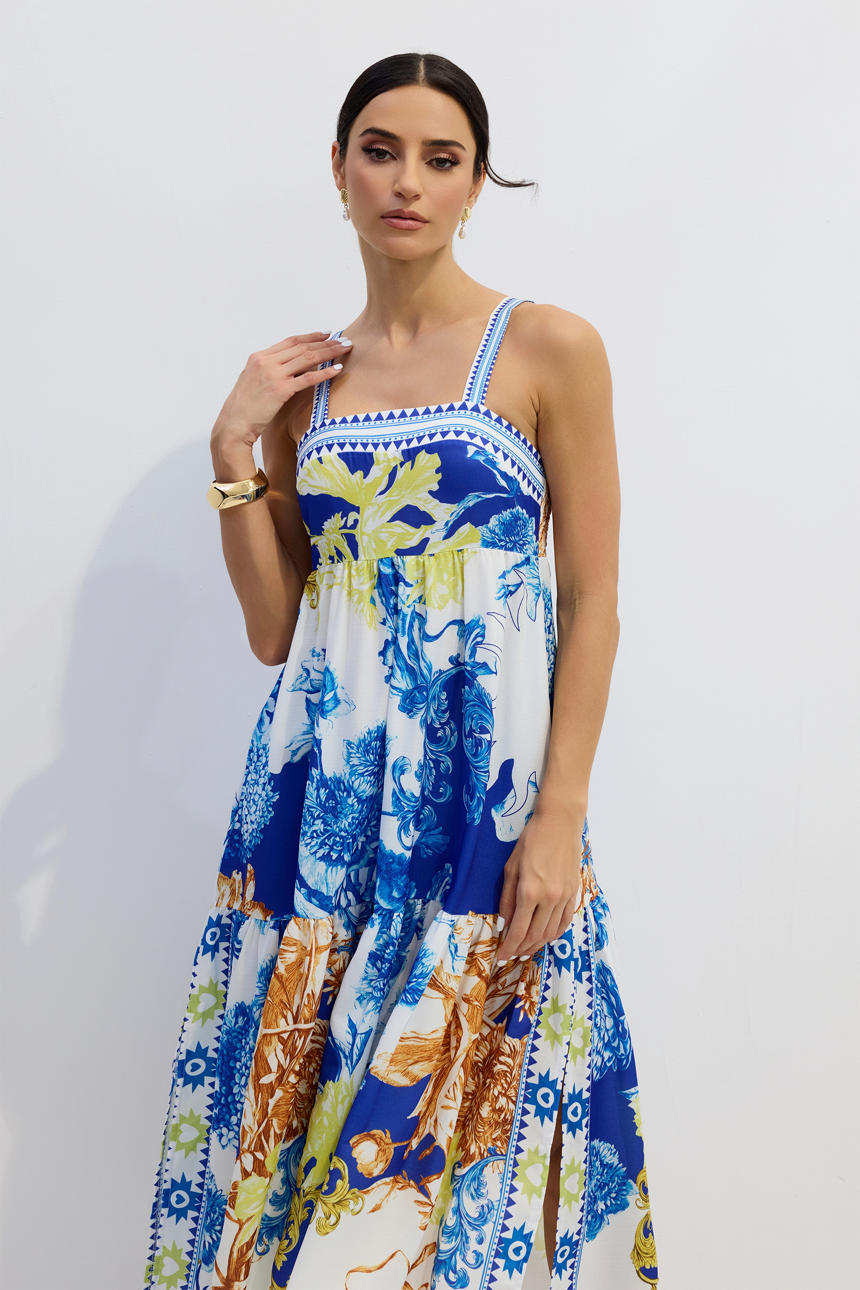 Nessia Floral Print Shirred Maxi Dress