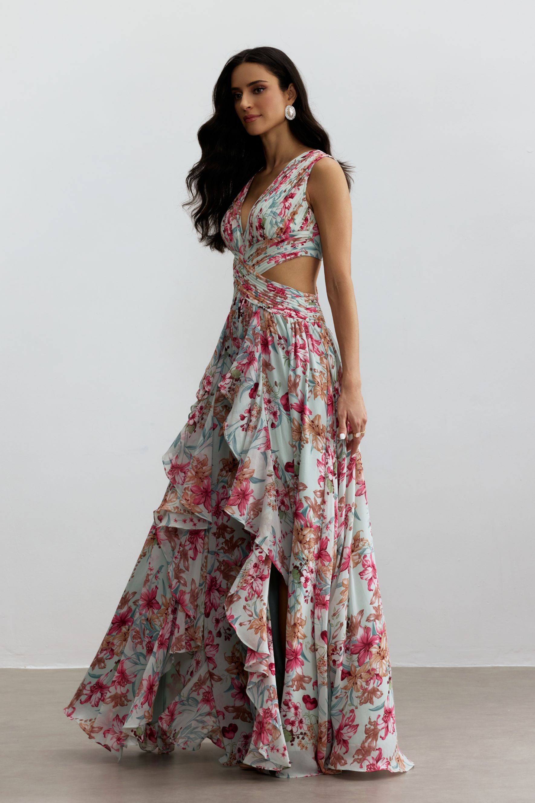 Anila Printed Pleated Ruffle Maxi Dress