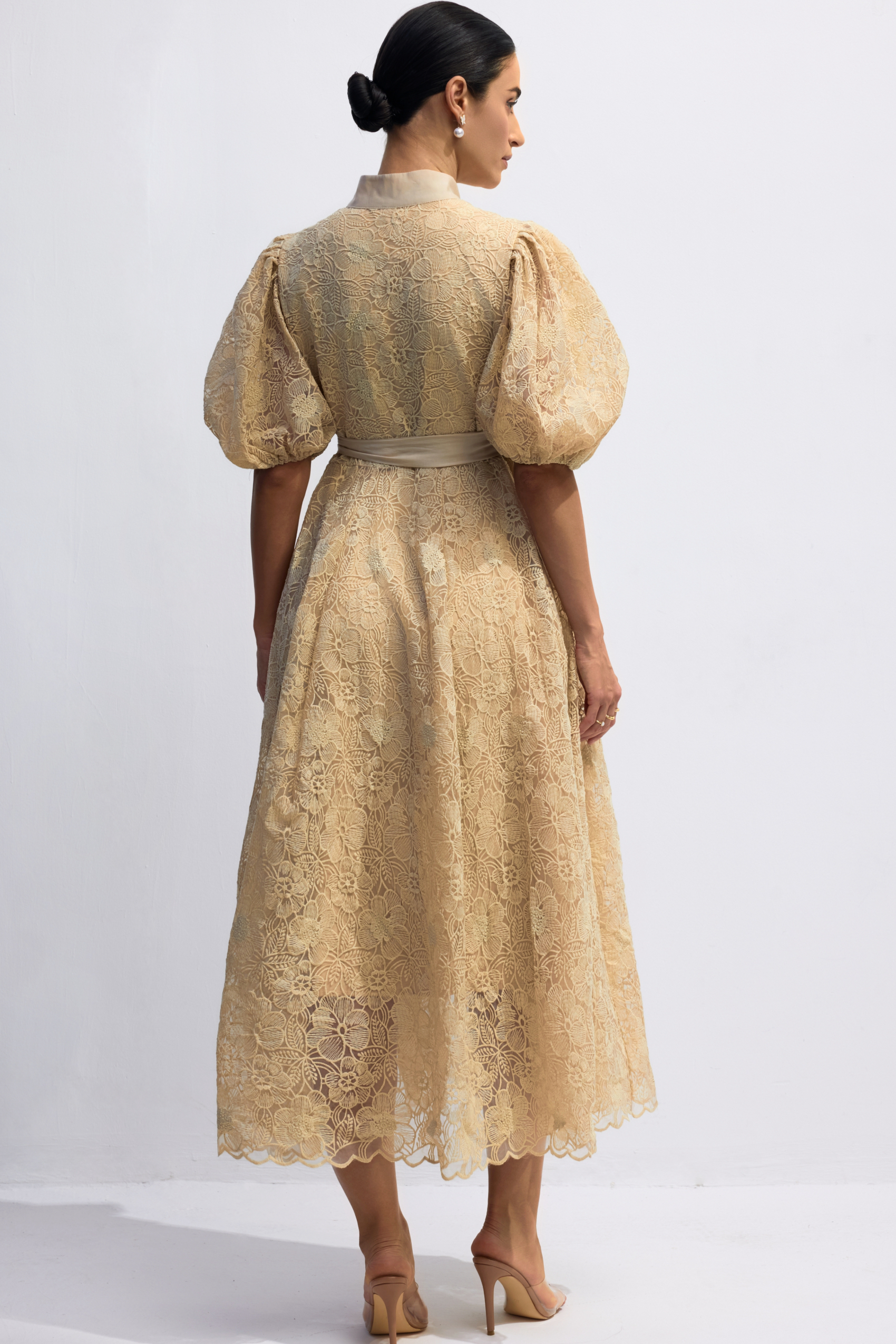 Diana Floral Embroidered Lace Belted Midi Dress