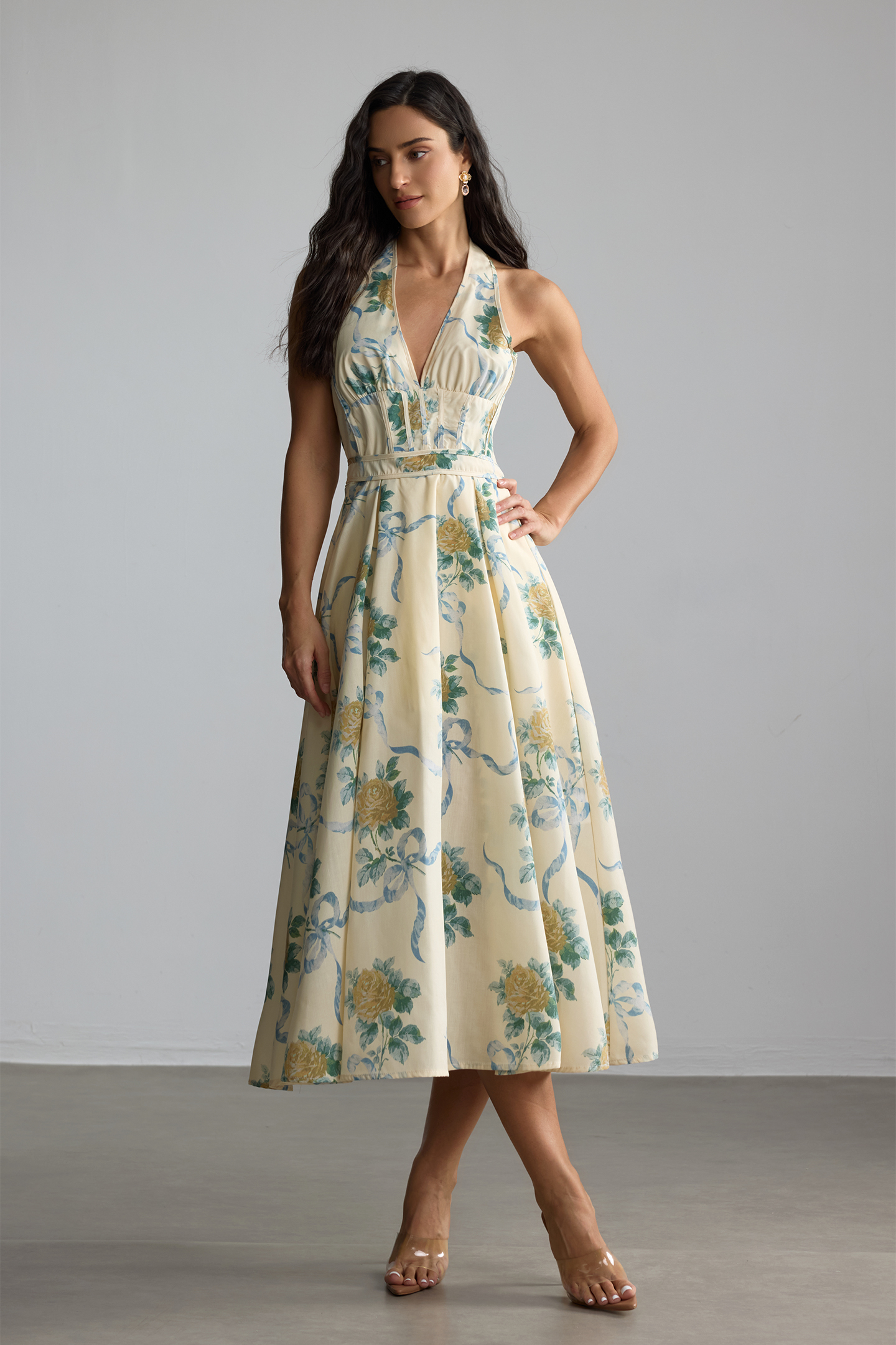Loralie Floral Print Deep V Neck Midi Dress