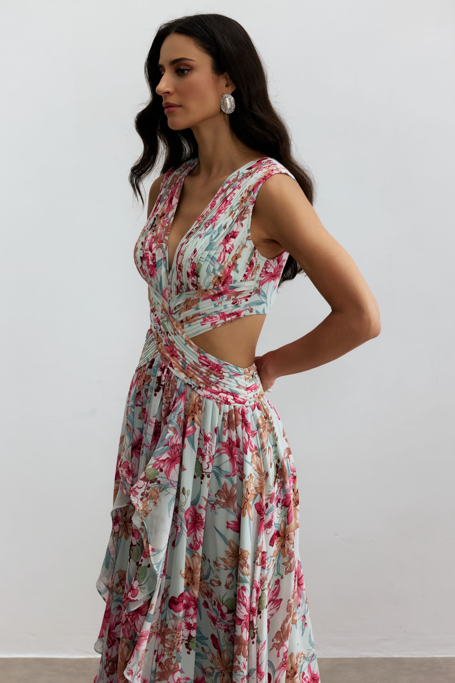 Anila Printed Pleated Ruffle Maxi Dress