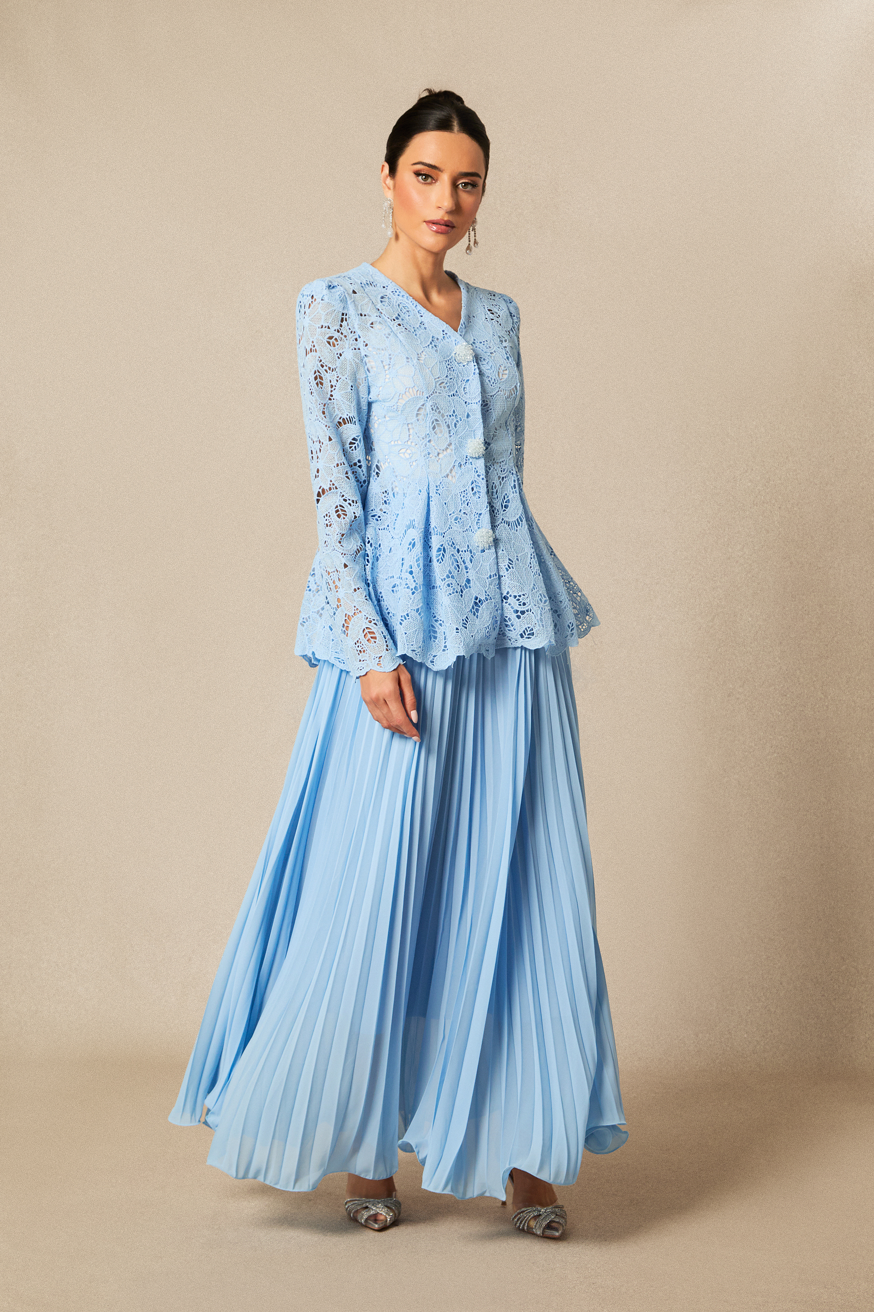 Ariella Floral Embroidered Lace Top & Pleated Maxi Skirt Set