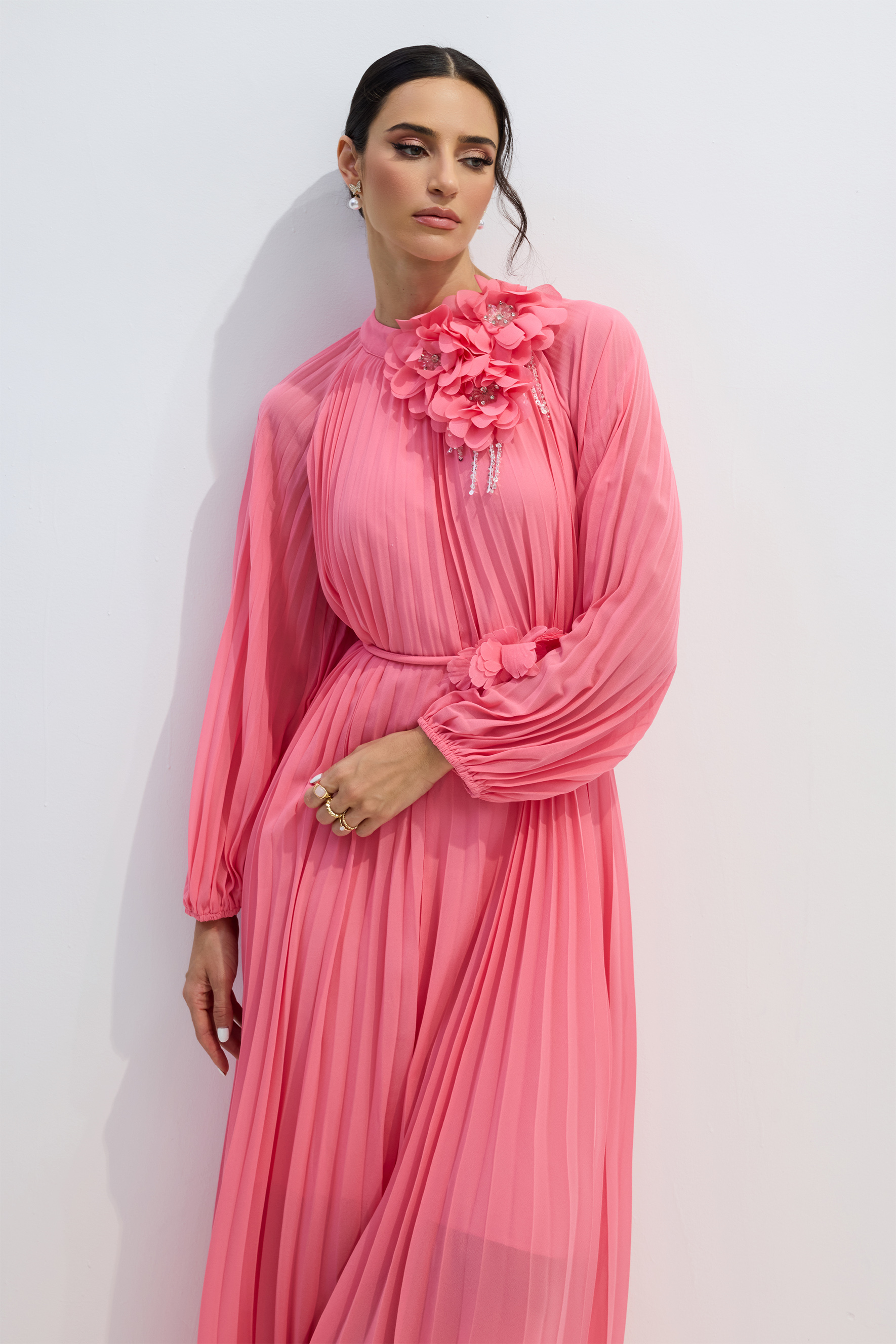 Irene Floral Applique Pleated Chiffon Maxi Dress