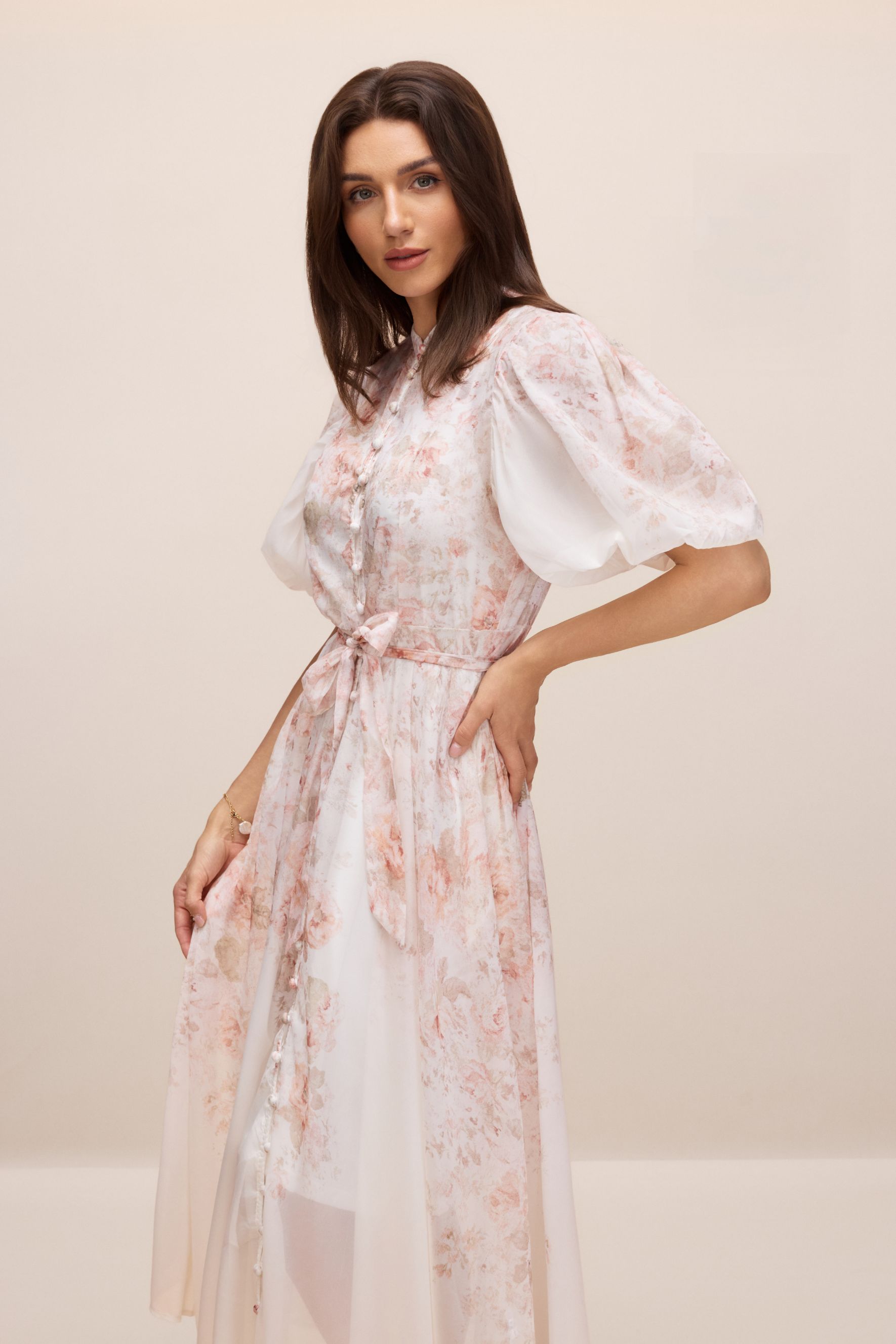 Denise Floral Print Puff Sleeve Midi Dress