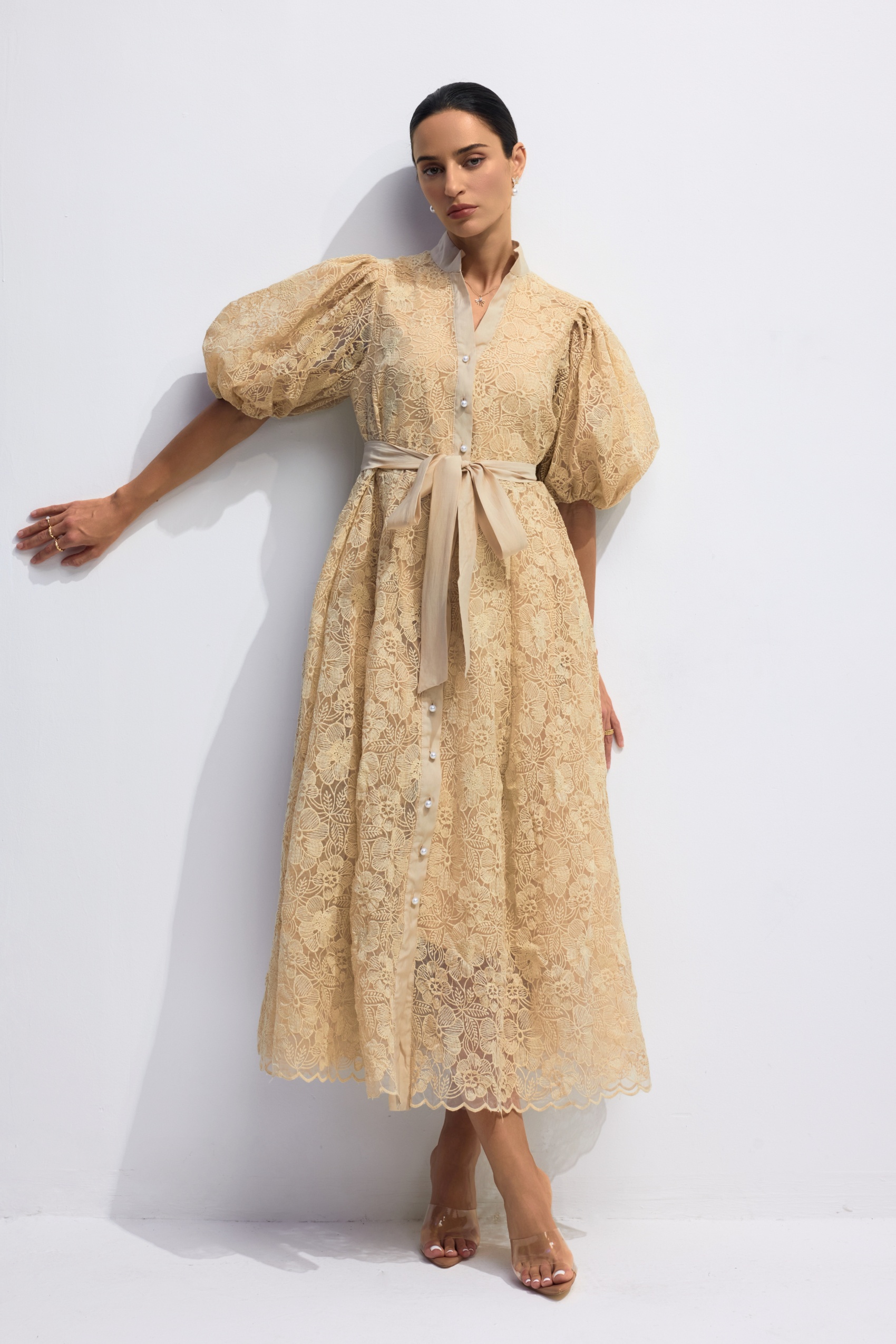 Diana Floral Embroidered Lace Belted Midi Dress