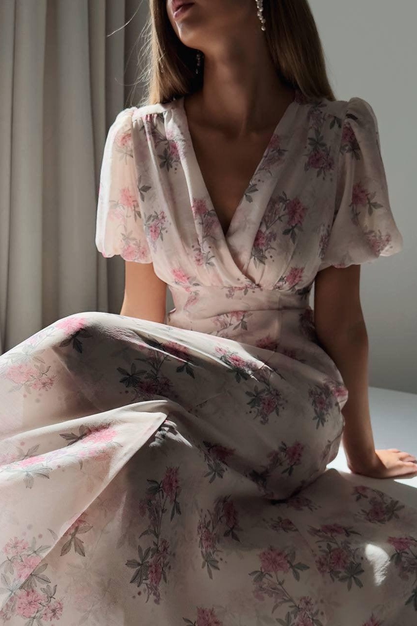Anne Floral Print Puff Sleeve Midi Dress