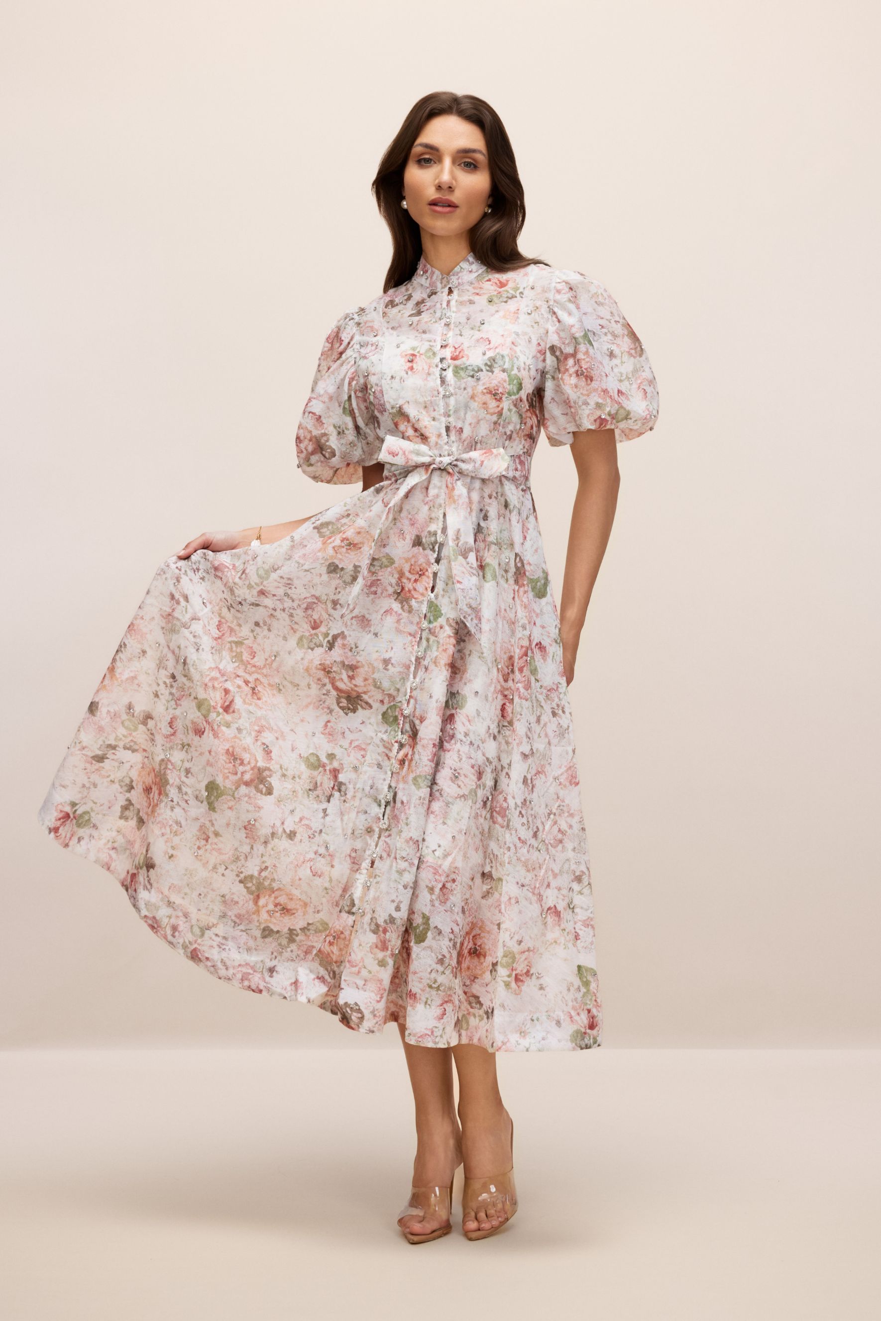 Serena Floral Print Puff Sleeve Midi Dress