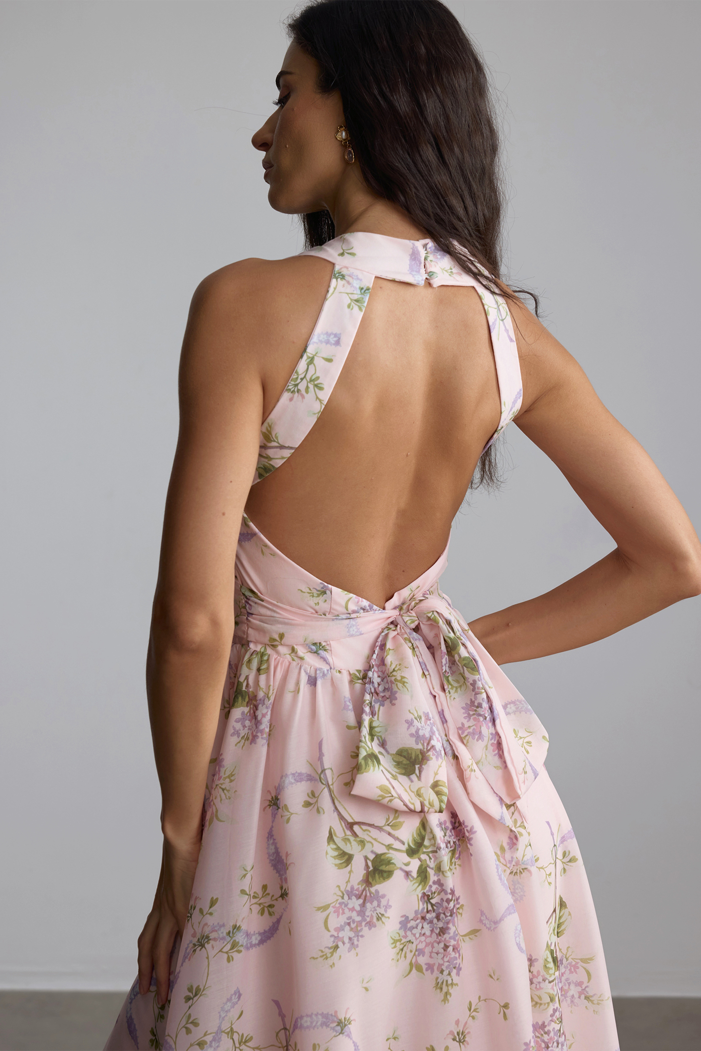 Elise Floral Print Open Back Midi Dress