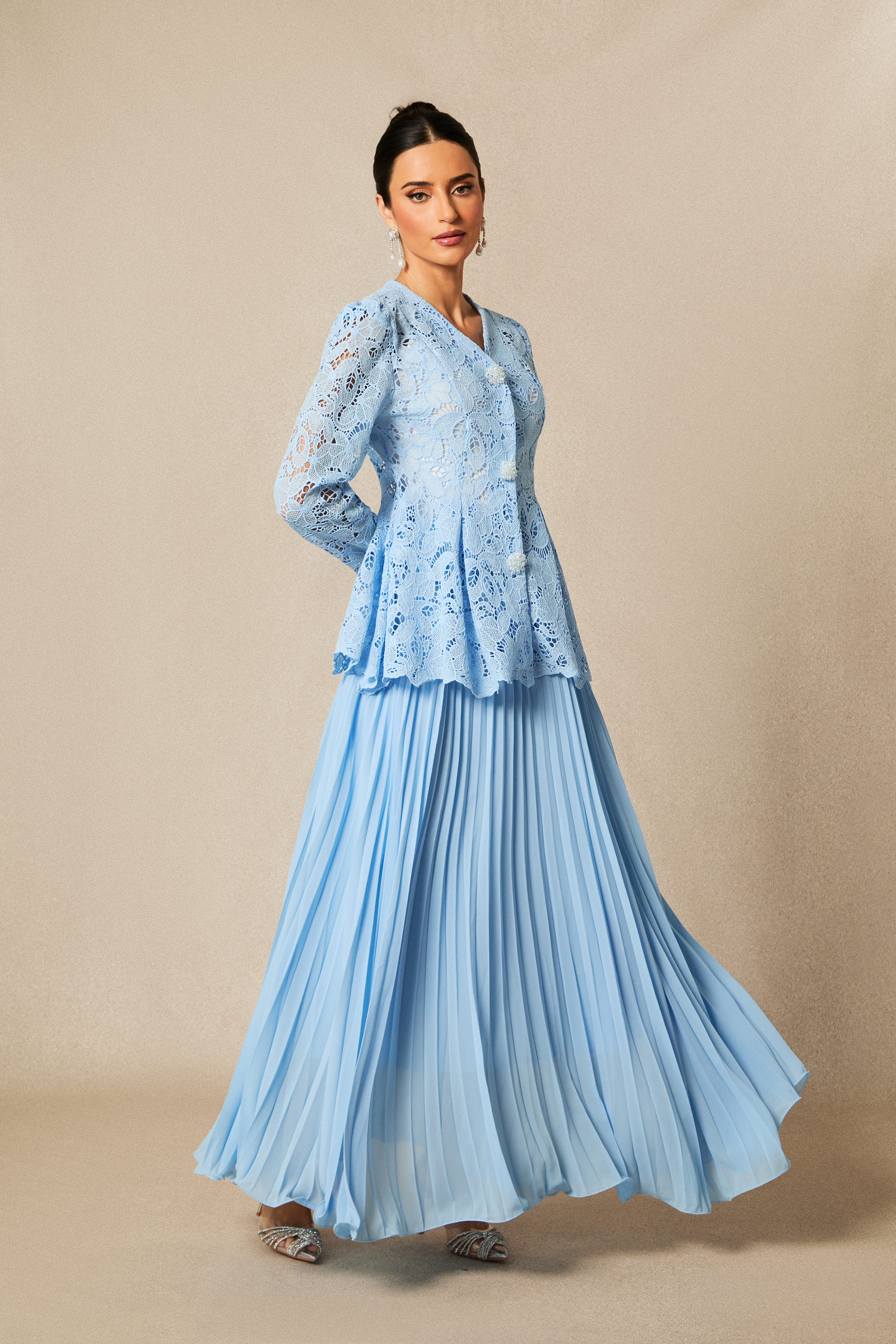 Ariella Floral Embroidered Lace Top & Pleated Maxi Skirt Set