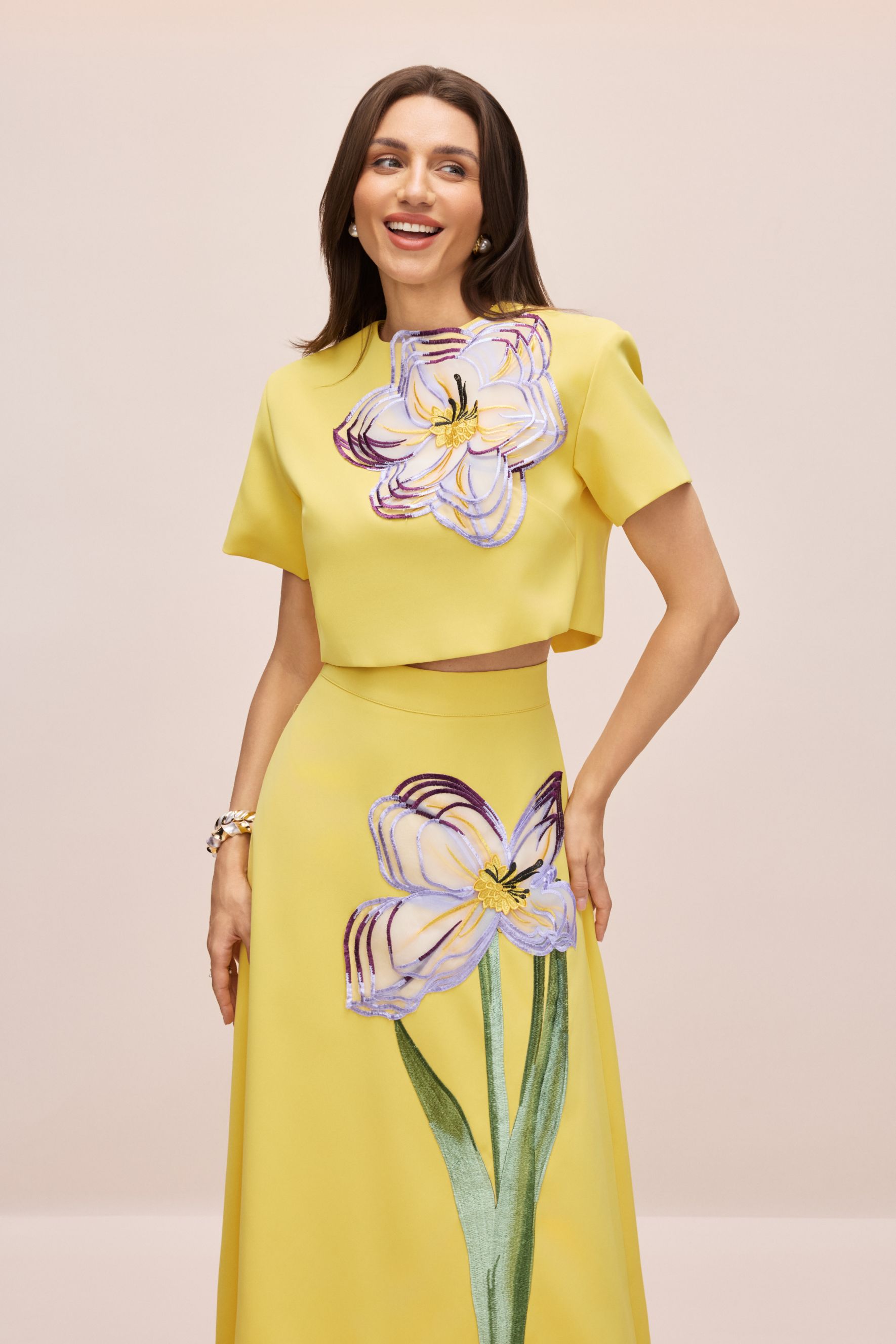 Angelica Floral Applique Short Sleeve Top & Skirt Set