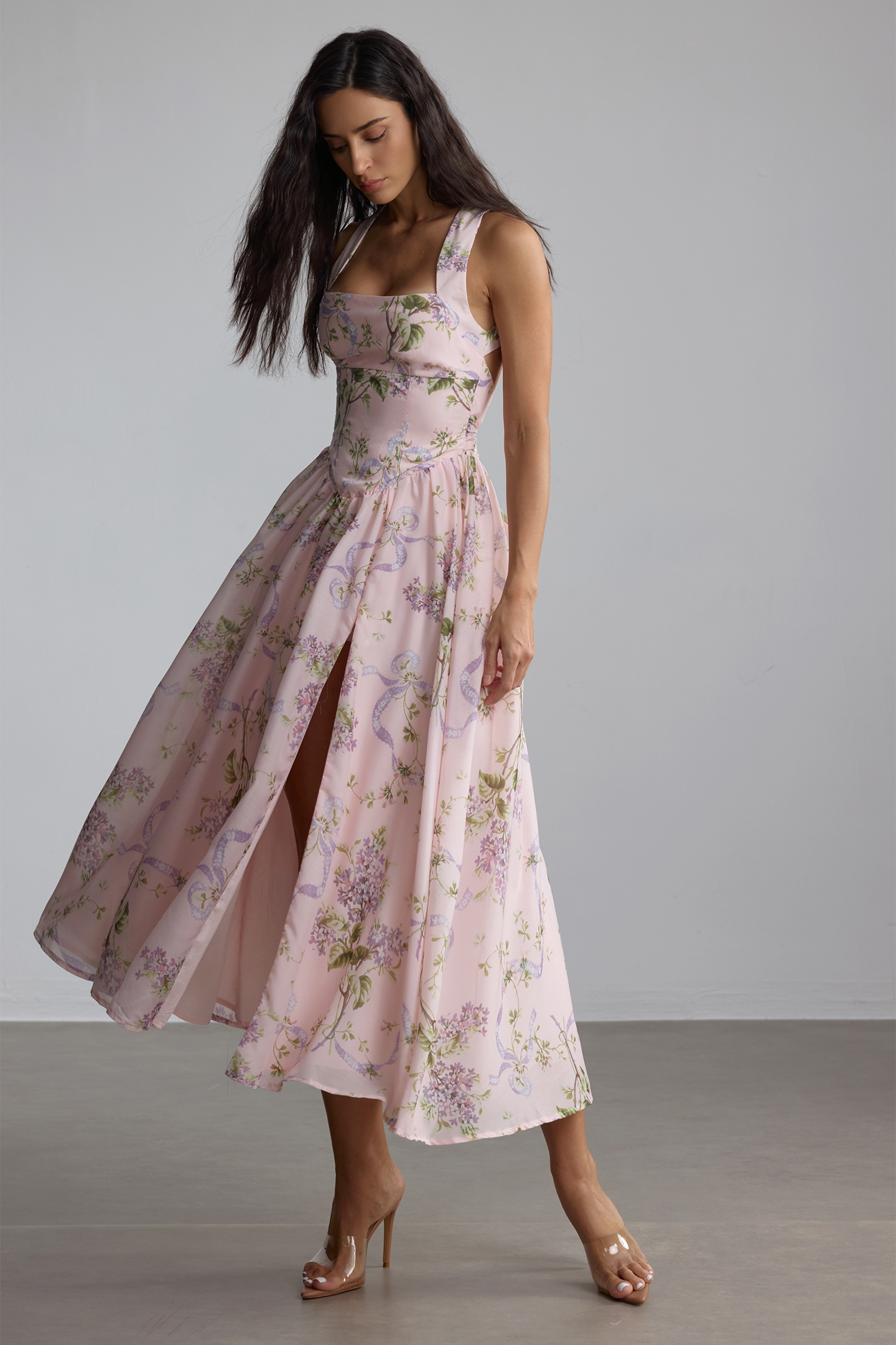 Elise Floral Print Open Back Midi Dress