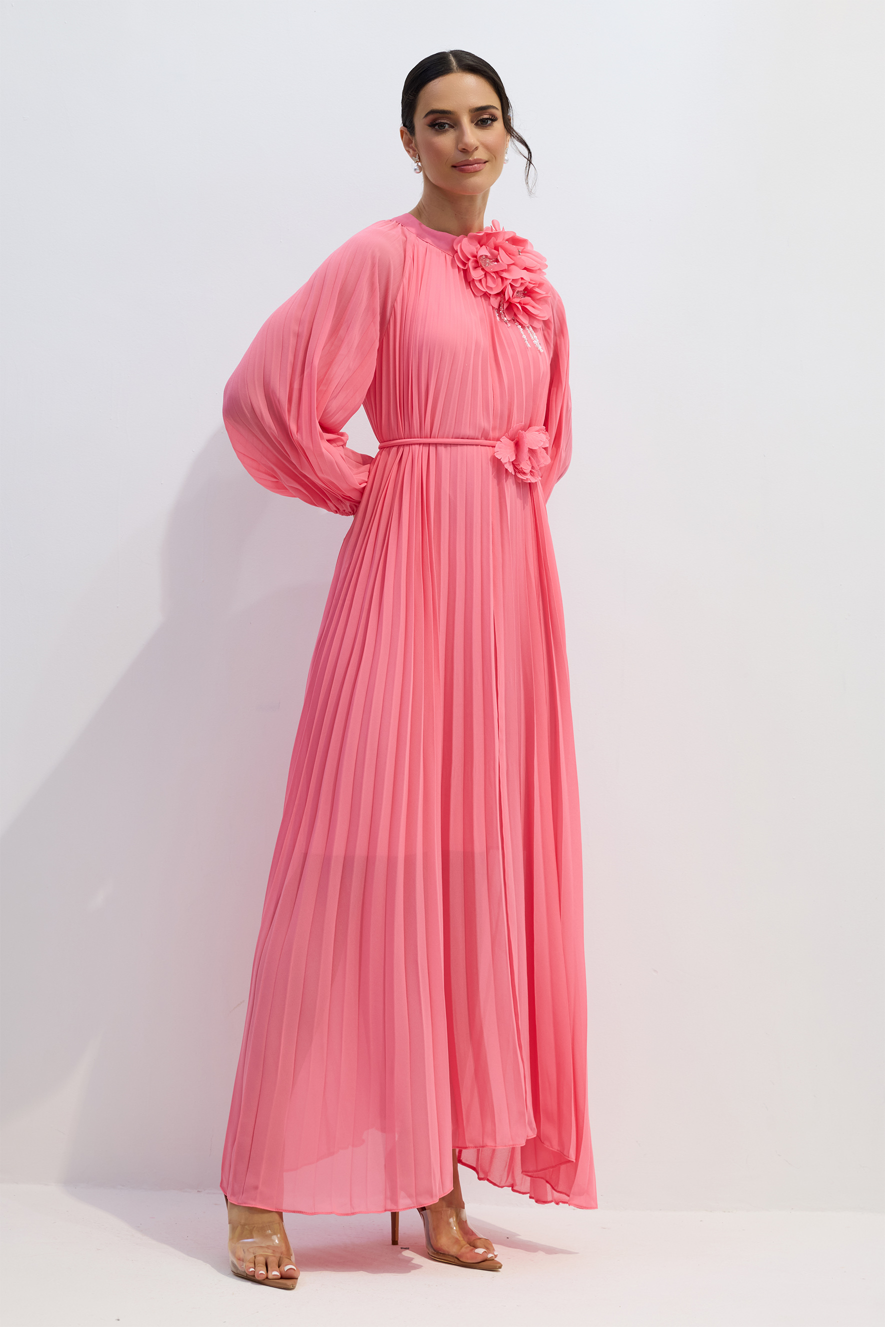 Irene Floral Applique Pleated Chiffon Maxi Dress