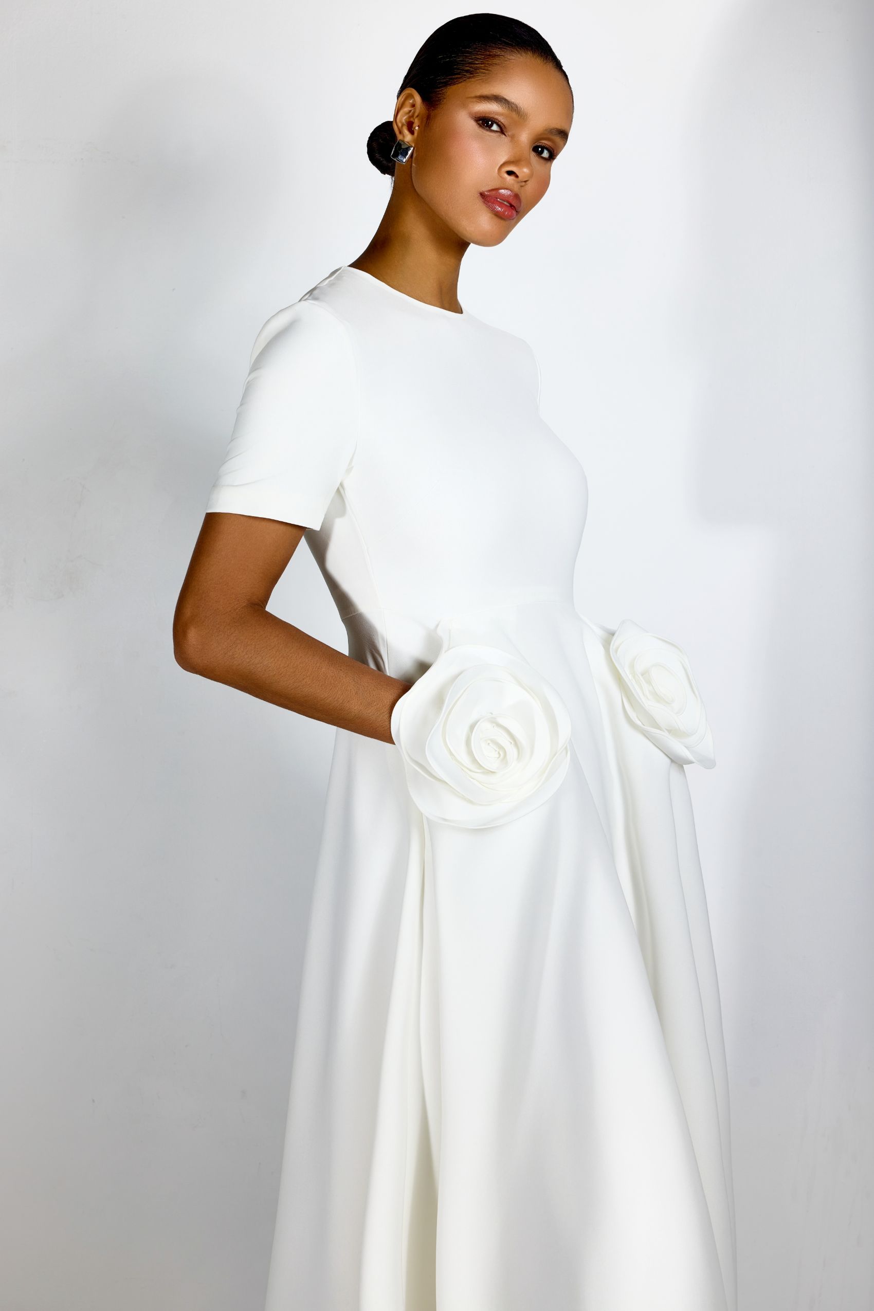 Ava Floral Applique Short Sleeves Midi Dress