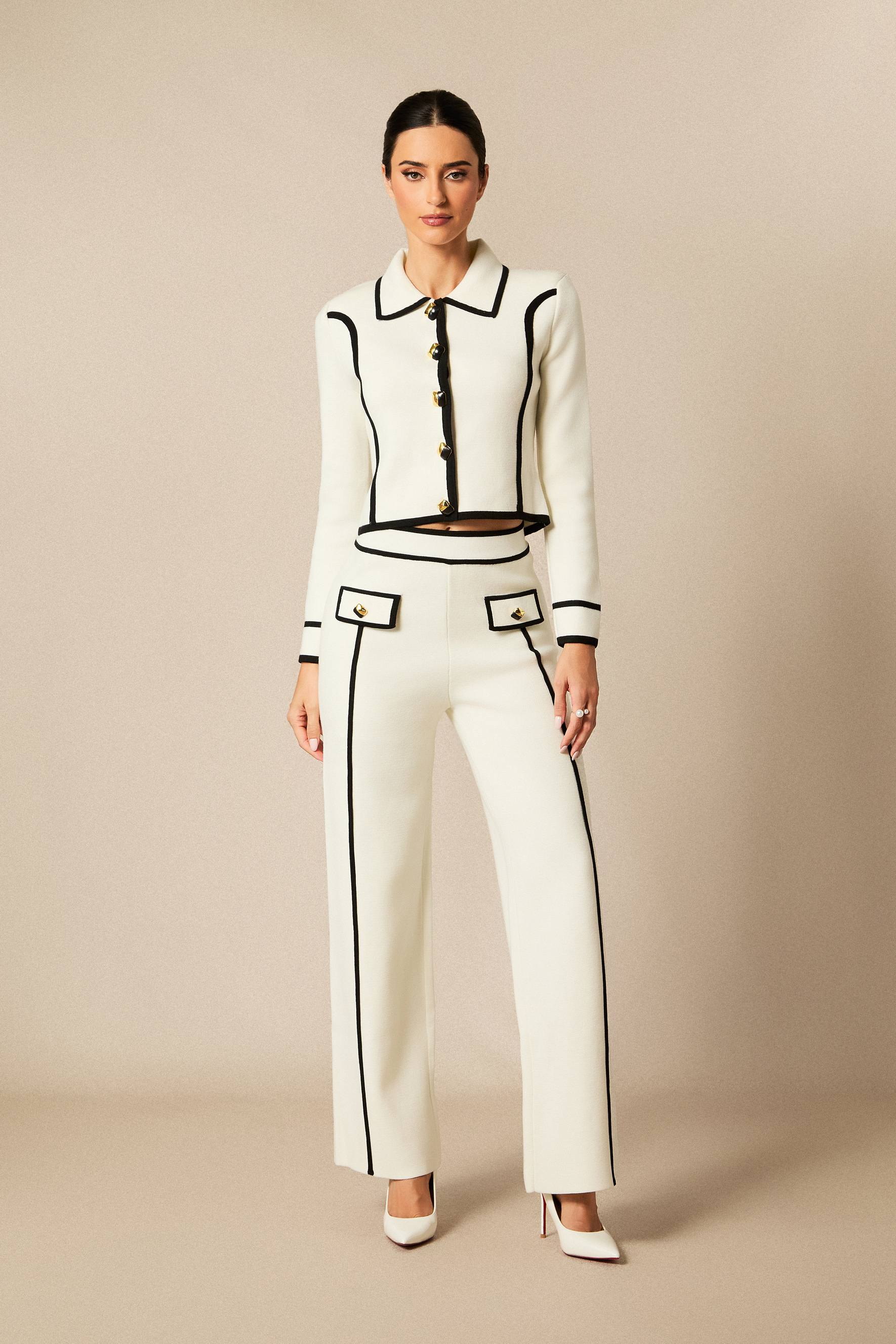 Miranda Contrast Trim Cropped Jacket & Straight Leg Pants Set