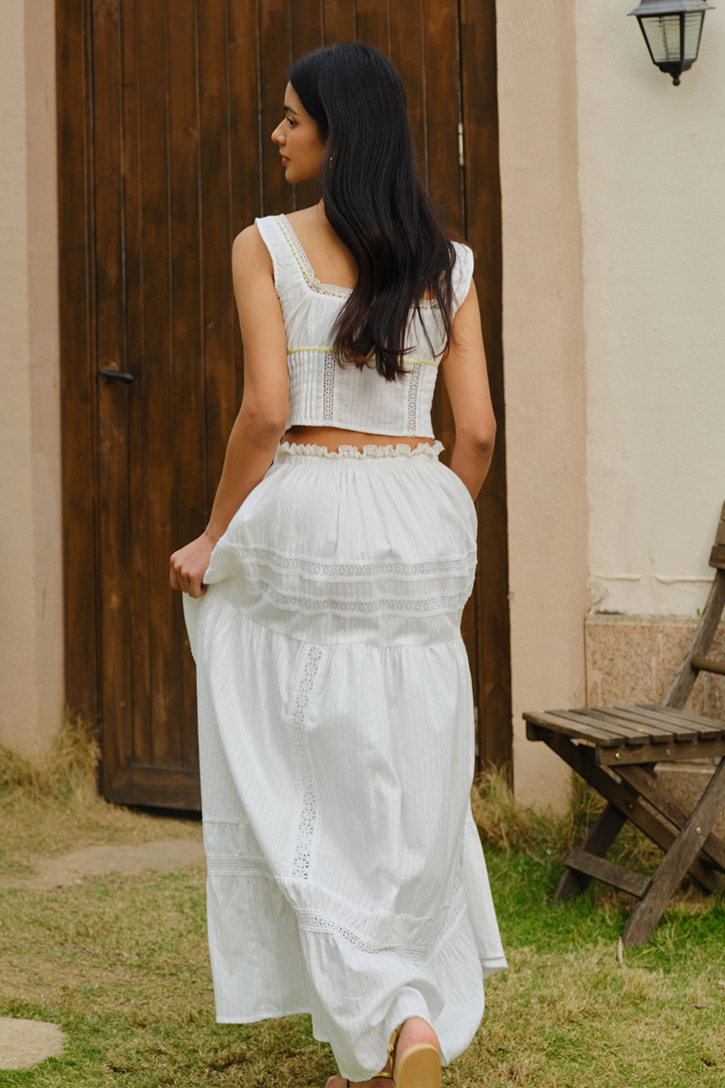 Agnes Bow Tie Lace Trim Crop Top & Maxi Skirt Set