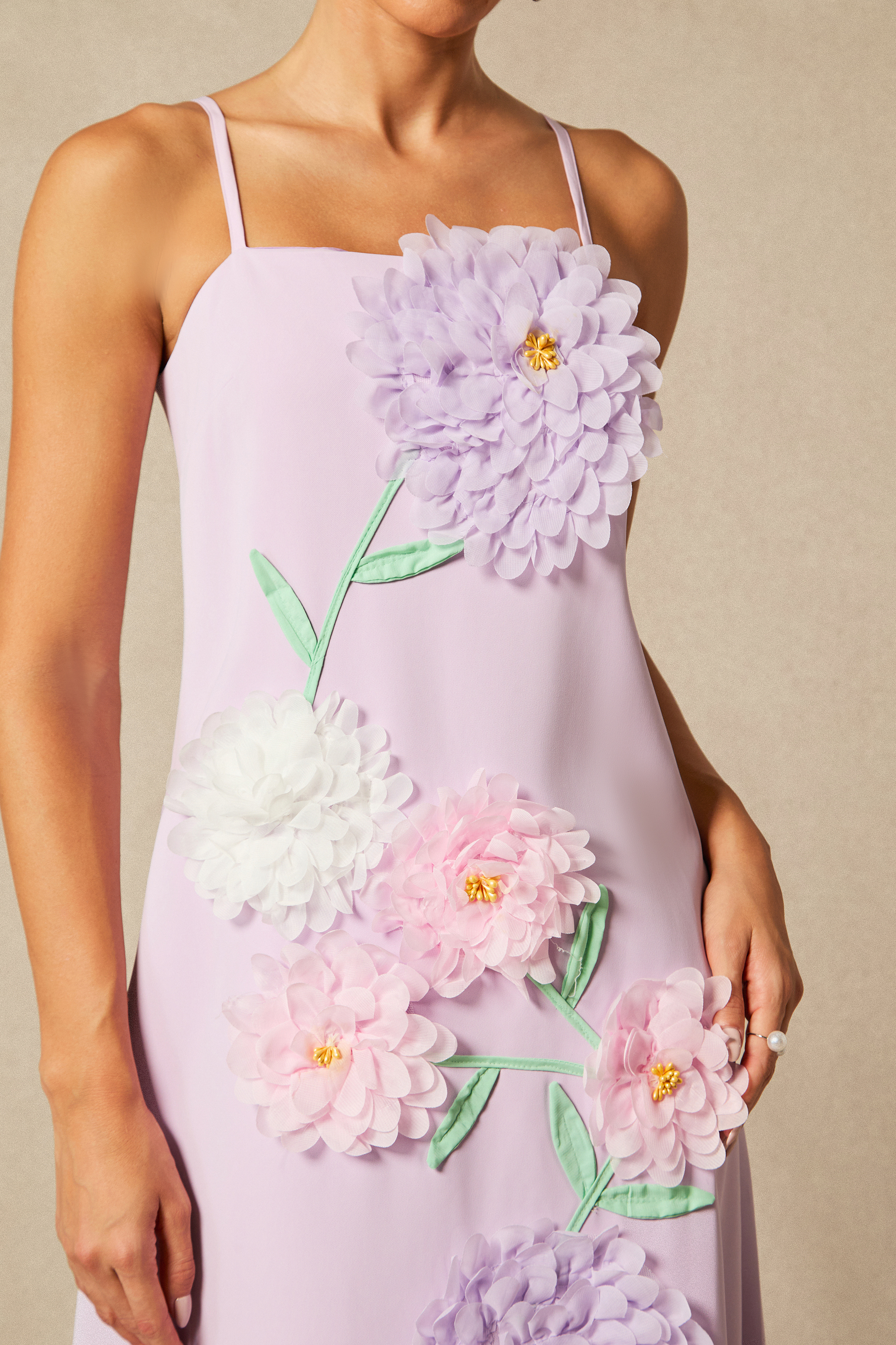 Louisa Floral Applique Spaghetti Straps Maxi Dress