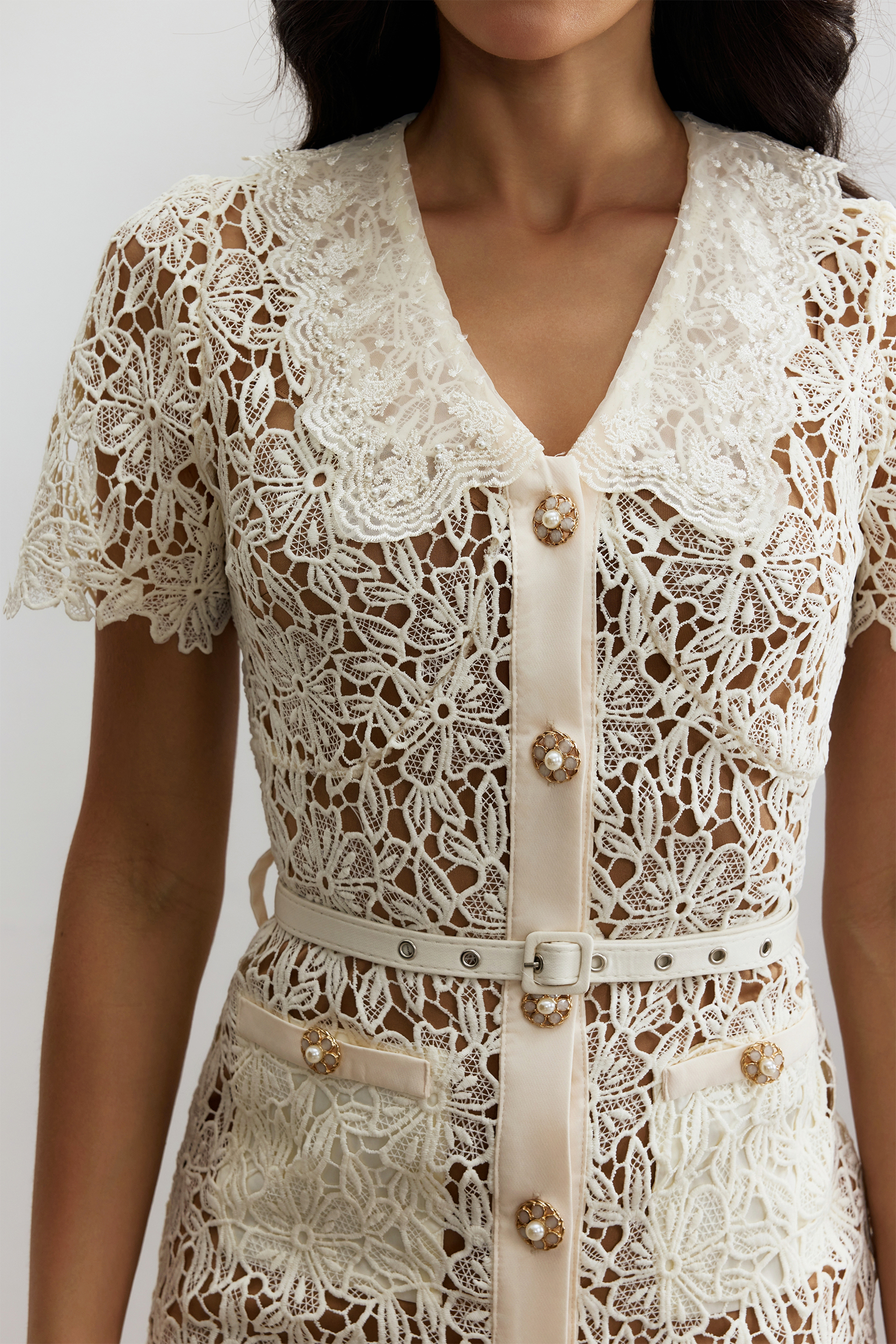 Annette V Neck Embroidered Lace Midi Dress