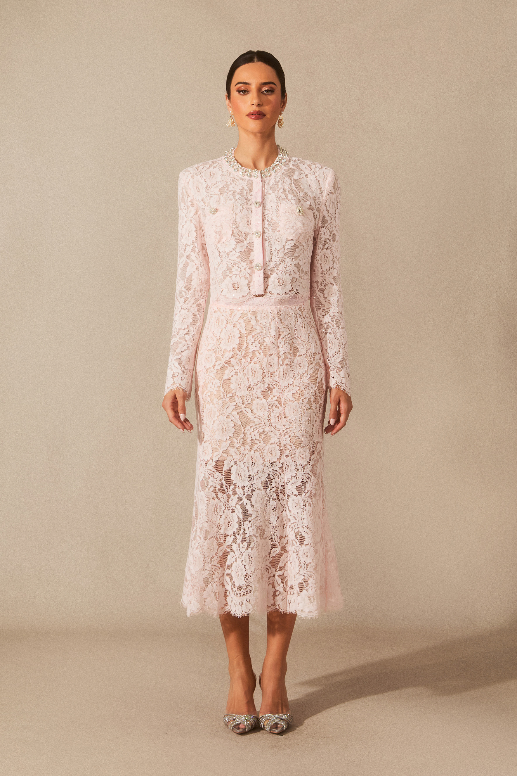 Olivia Long Sleeve Floral Lace Top & Midi Skirt Set