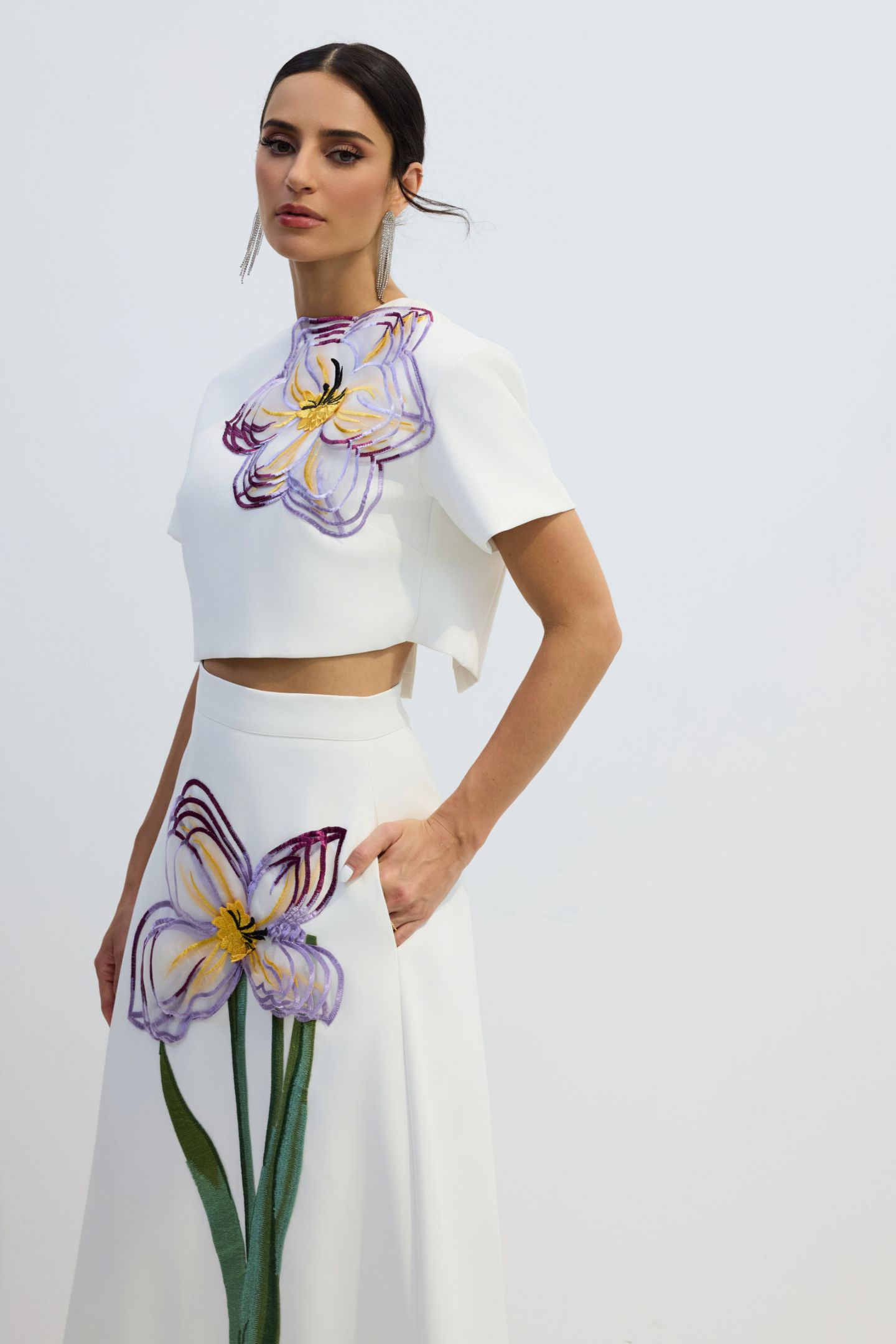 Angelica Floral Applique Short Sleeve Top & Skirt Set