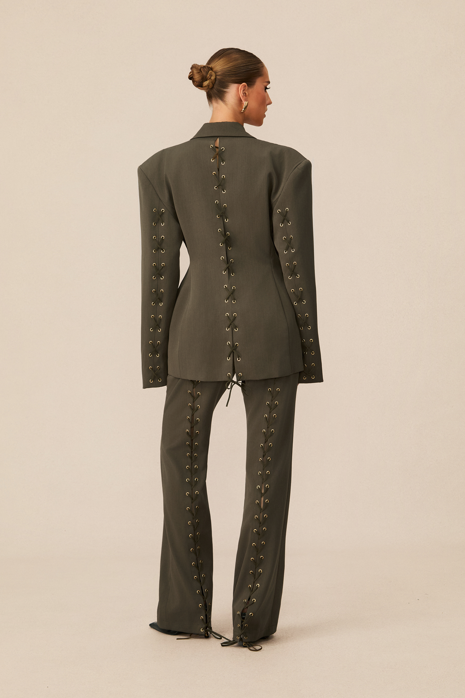 Joanna Lace Up Wide Shoulder Blazer & Trousers Set