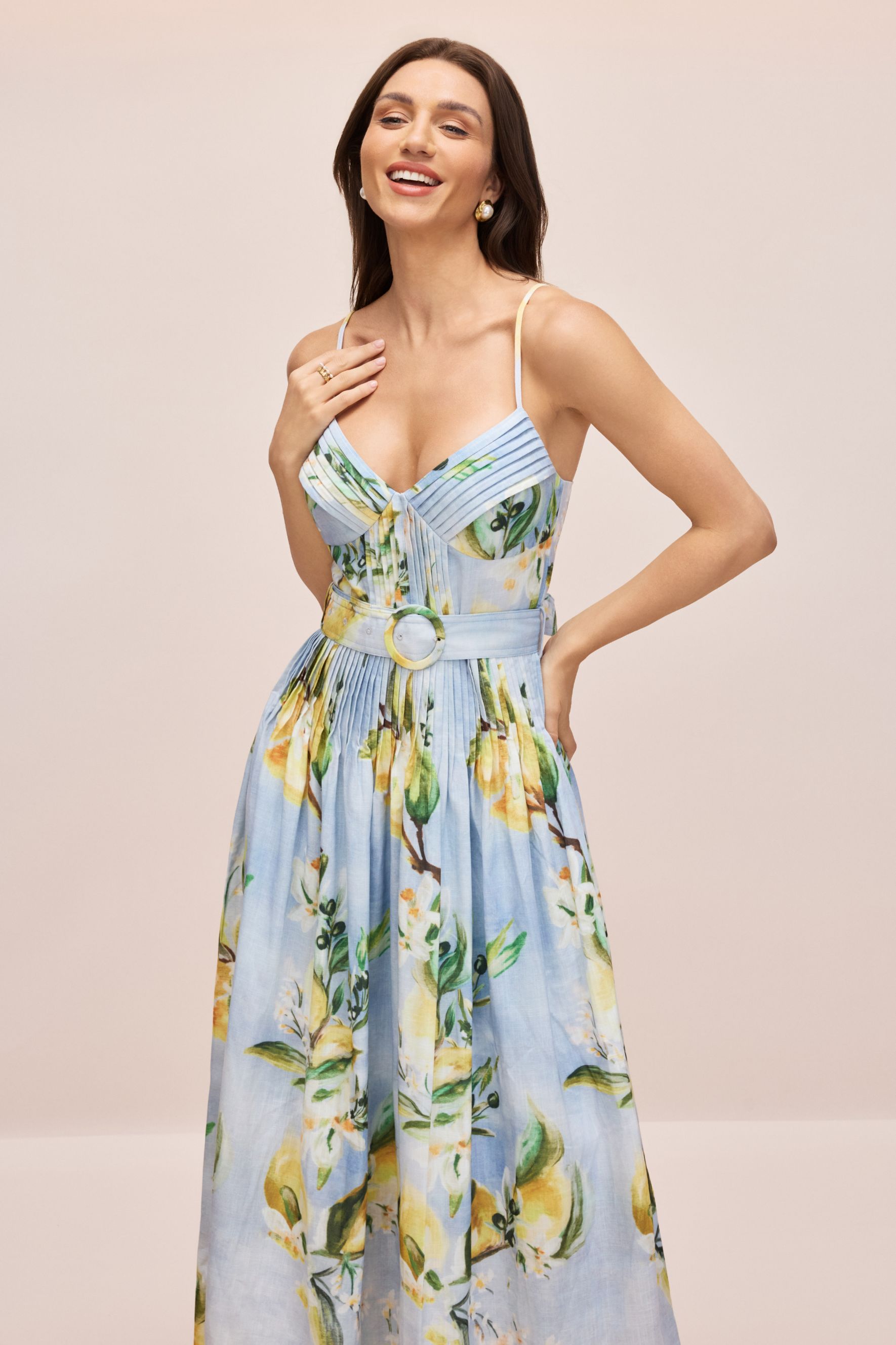 Joyce Lemon Print Spaghetti Strap Maxi Dress