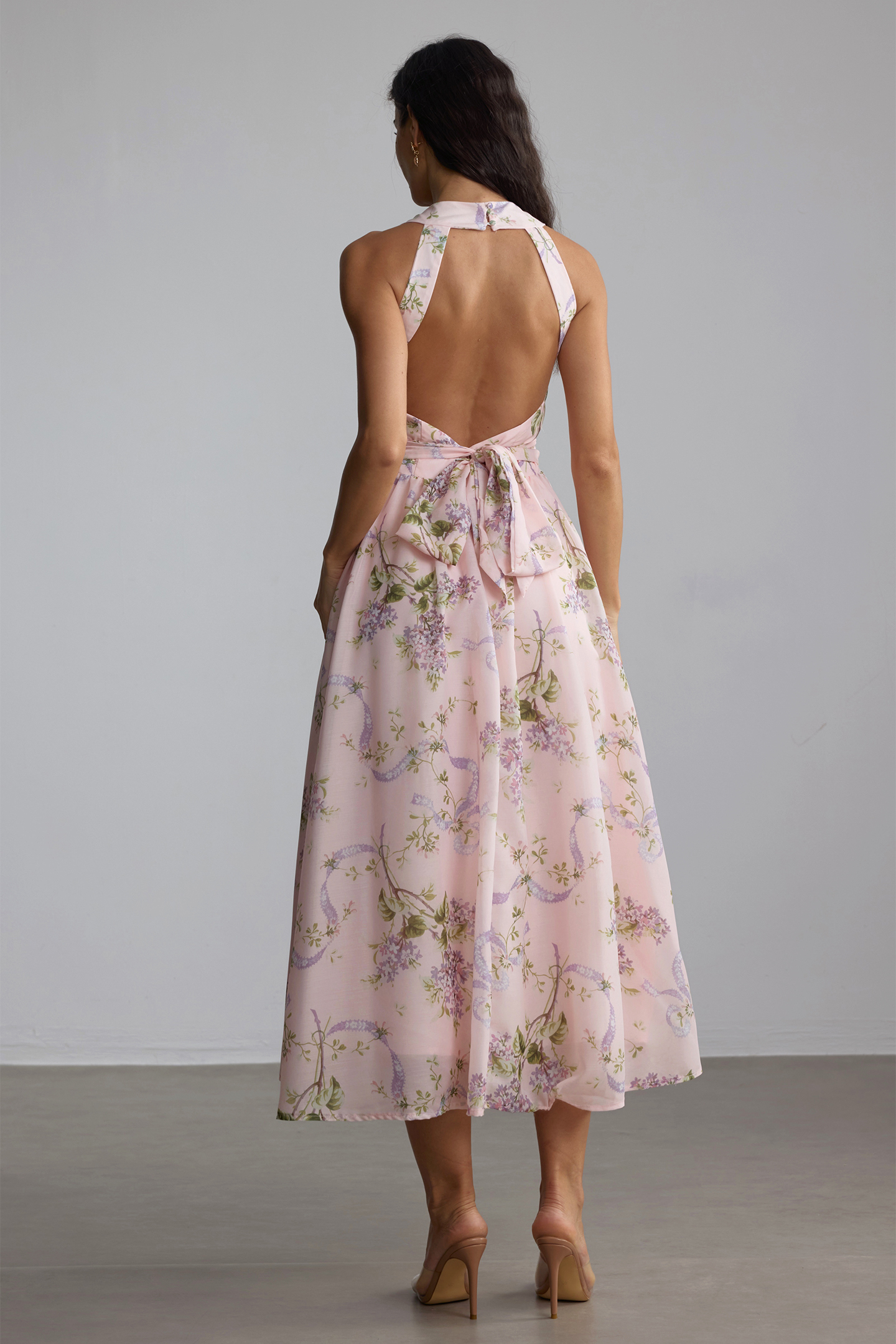 Elise Floral Print Open Back Midi Dress