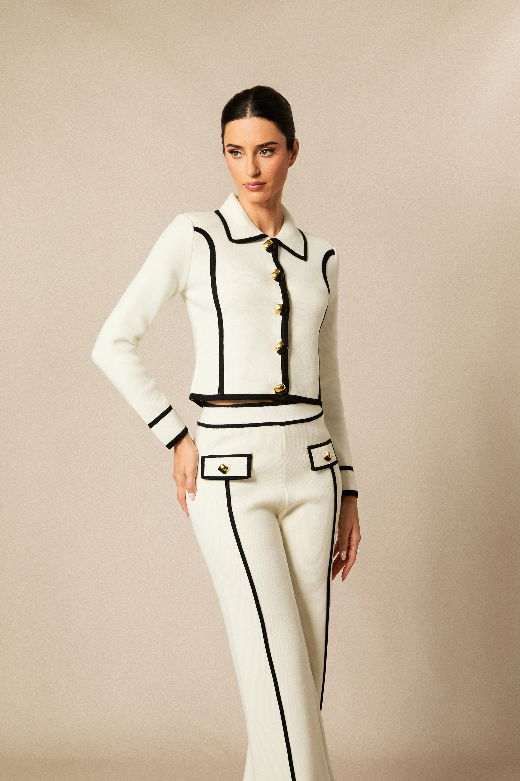 Miranda Contrast Trim Cropped Jacket & Straight Leg Pants Set