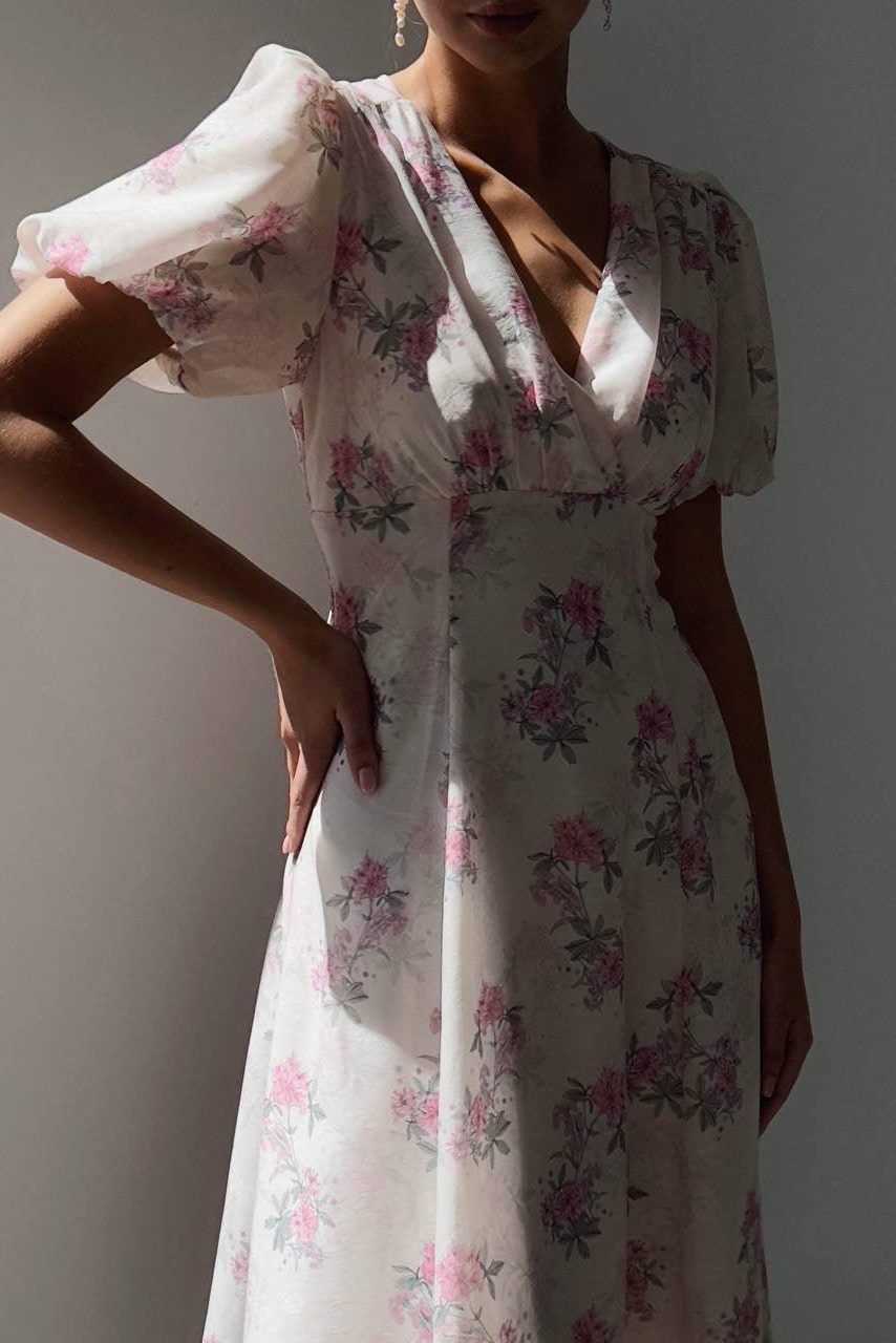 Anne Floral Print Puff Sleeve Midi Dress