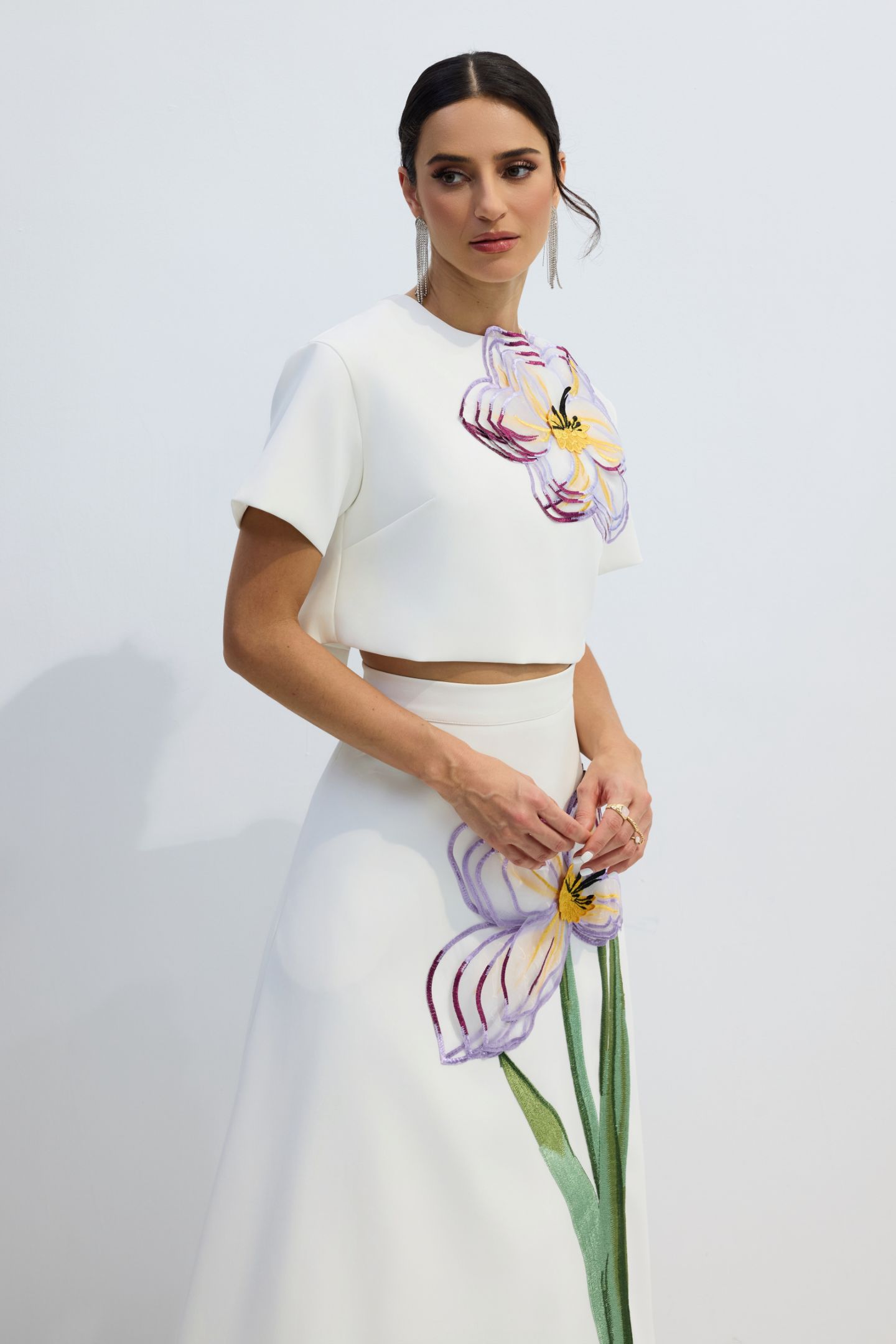 Angelica Floral Applique Short Sleeve Top & Skirt Set