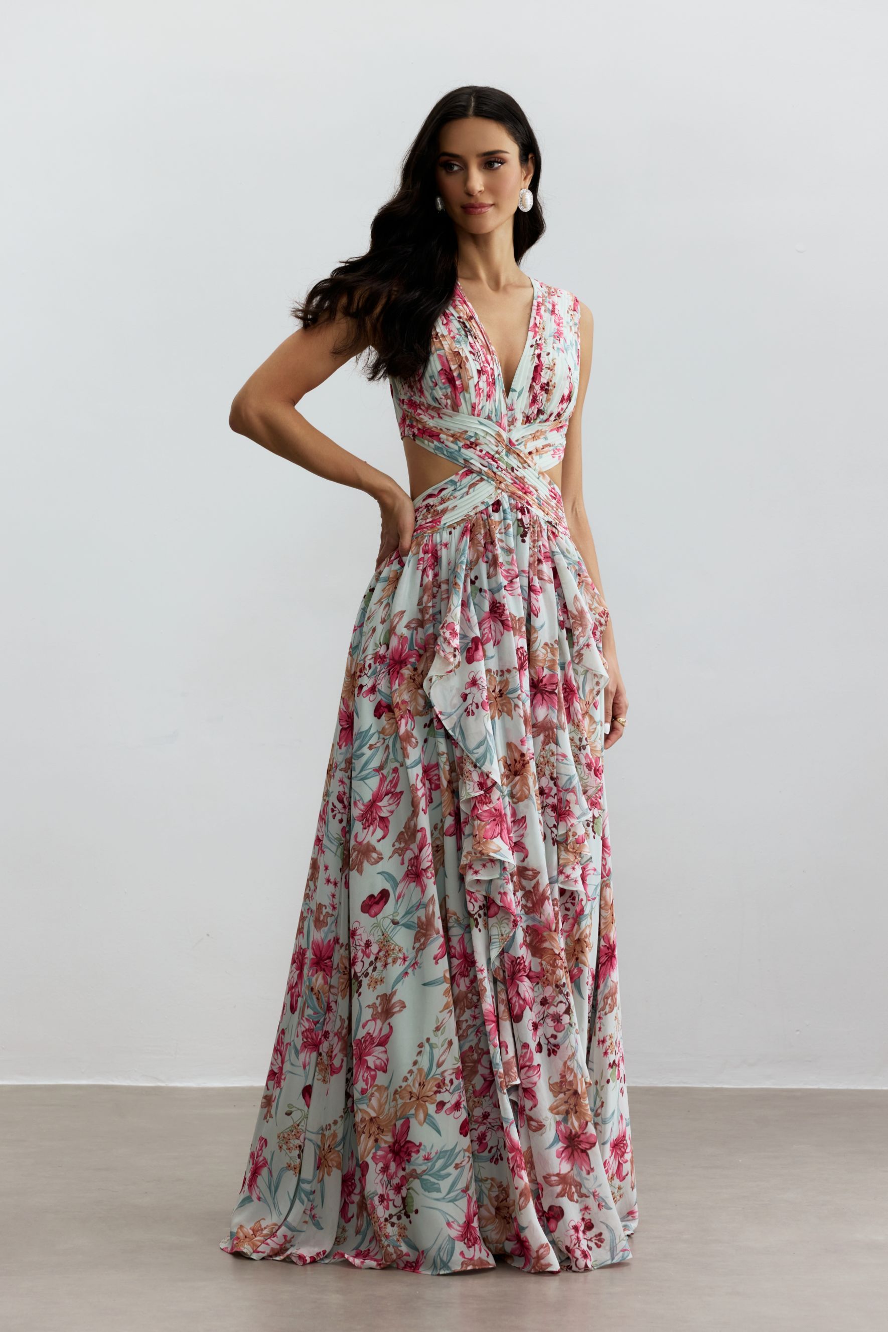 Anila Printed Pleated Ruffle Maxi Dress